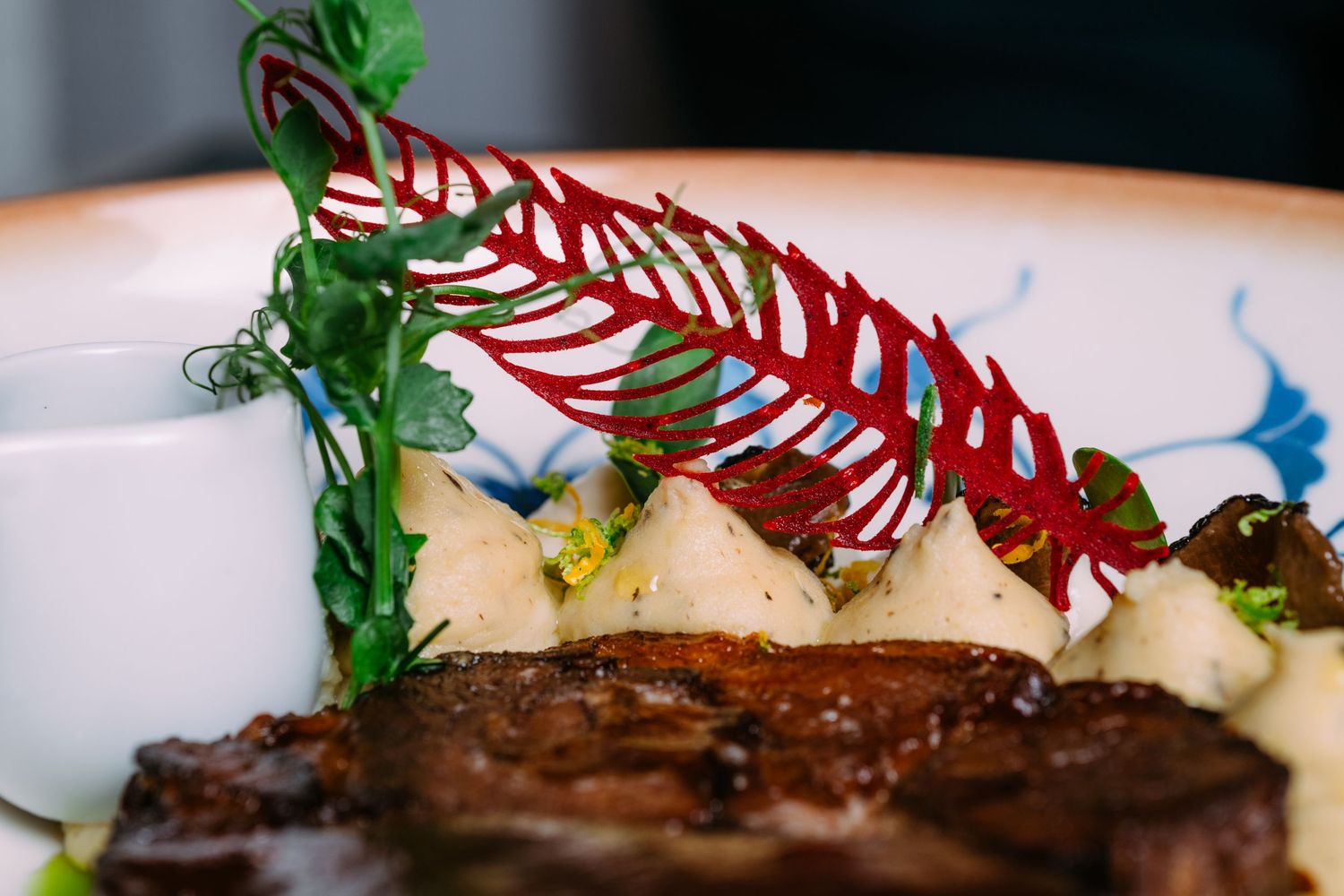 A close-up view of chocolate dessert plating with red and green garnish elements against a dark background.