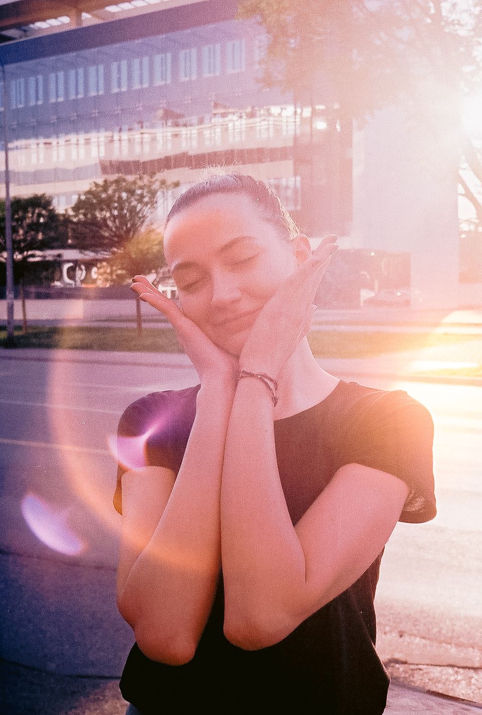 Dreamy analog photo sequence showing a person in black against sunset light creating a soft, ethereal mood.