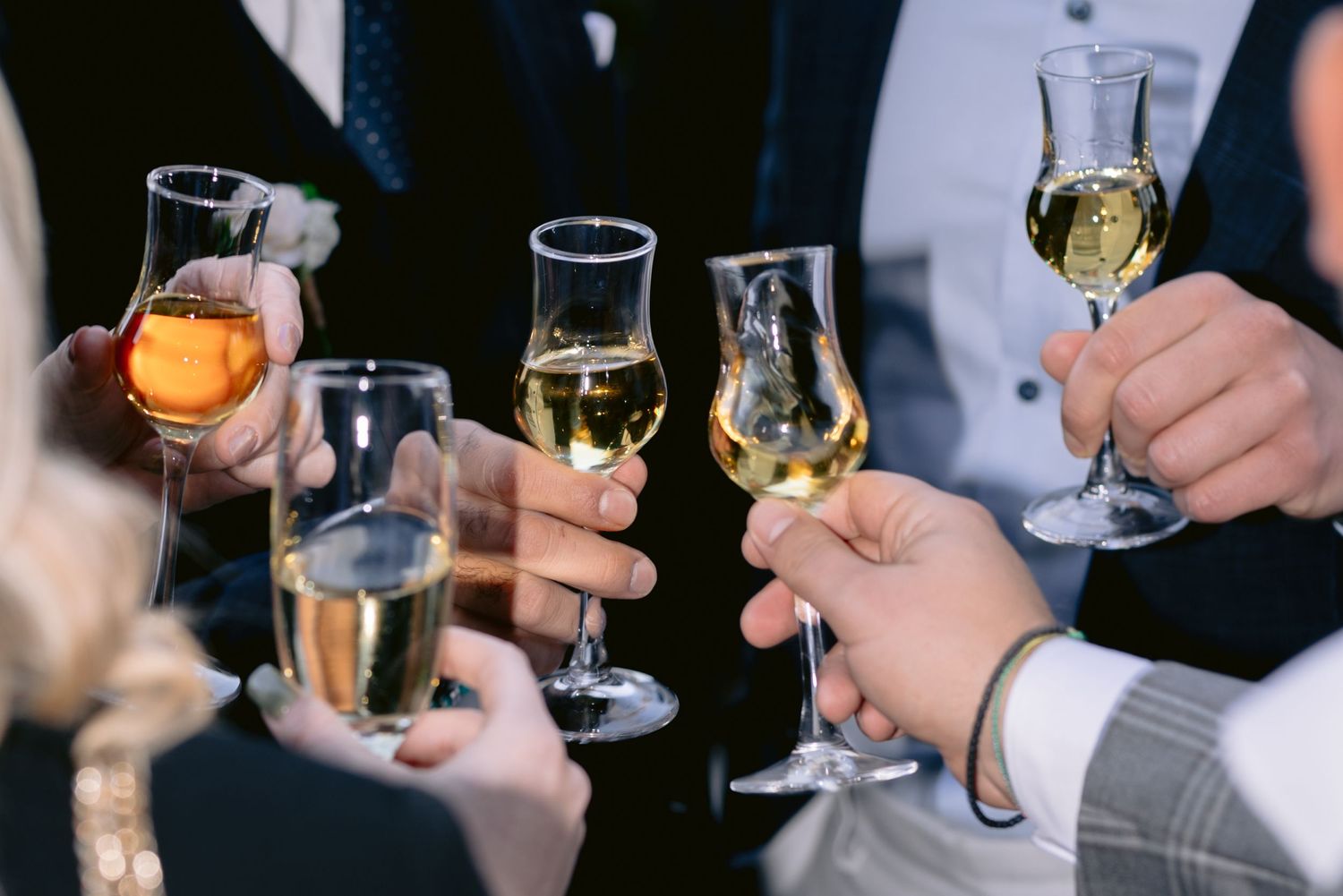 Multiple hands raise glasses filled with champagne and wine in a celebratory toast at an elegant event.