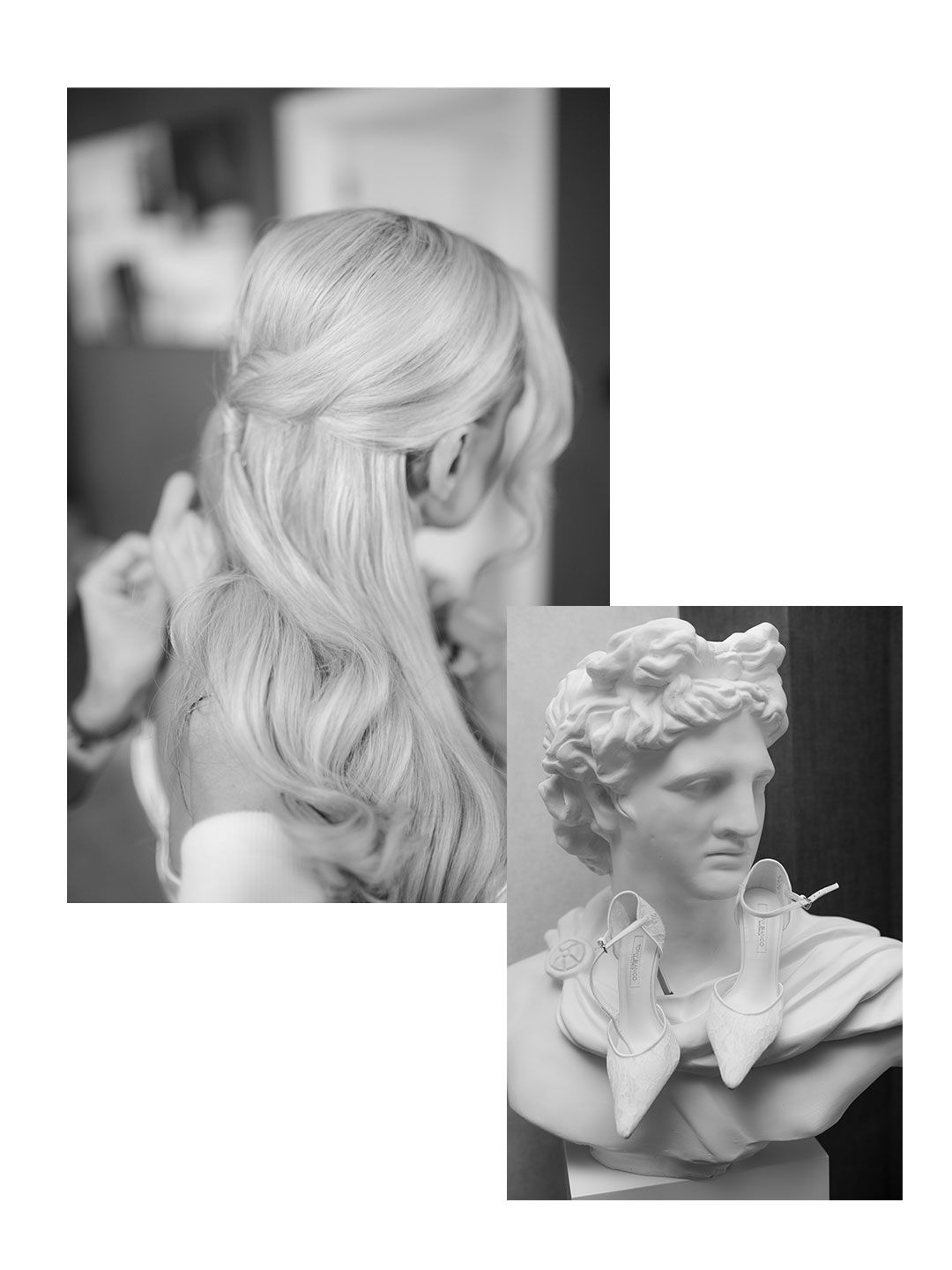 Black and white collage of a woman with elegant half-up wavy hairstyle and a classical Greek sculpture bust.