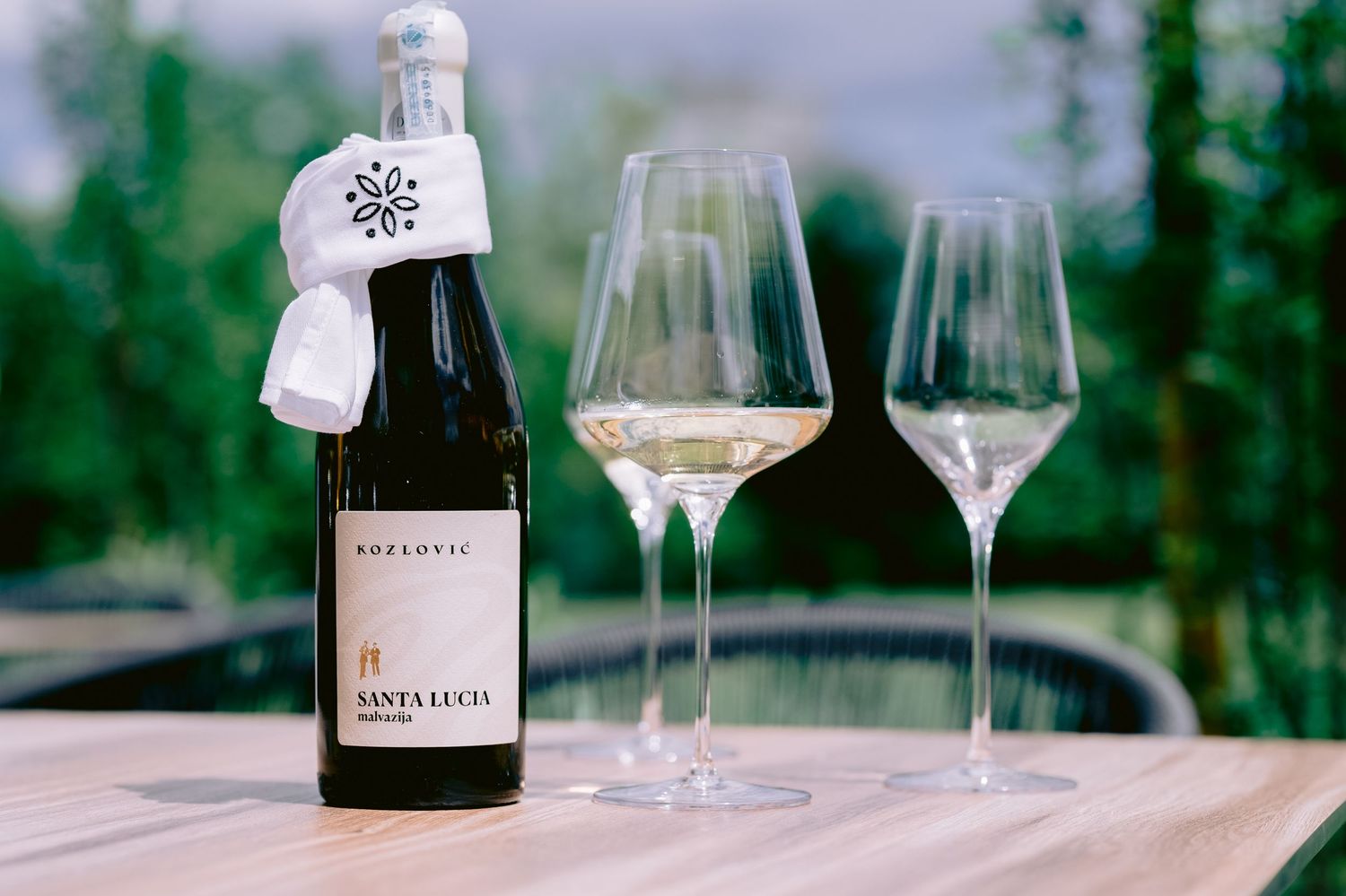 Wine glasses and bottles arranged on an outdoor table with a natural backdrop.