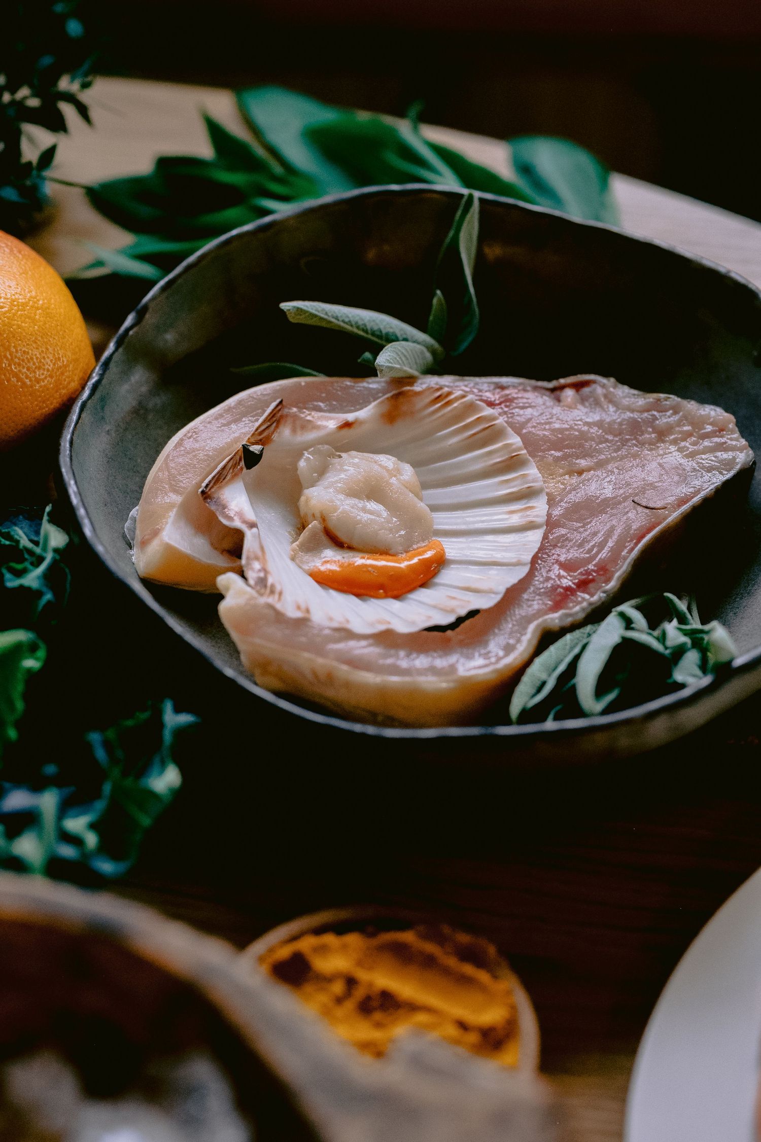 Fresh seafood served in scallop shells with citrus garnish on dark plate.