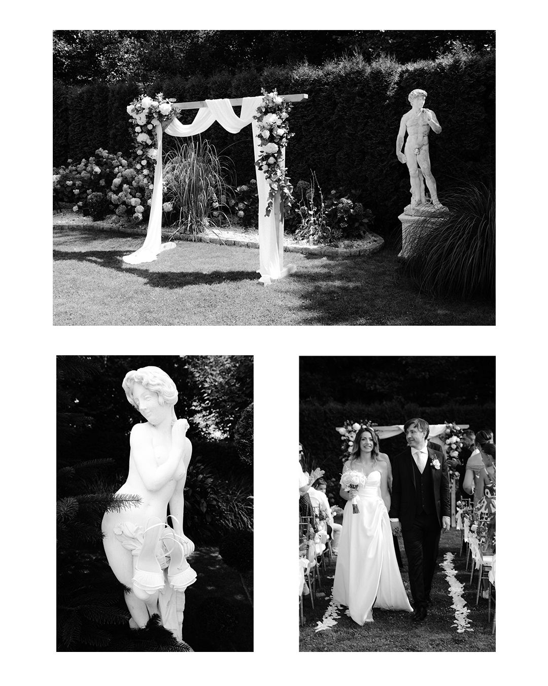 Black and white wedding photos showing a garden ceremony arch, garden statue, and celebratory moments.