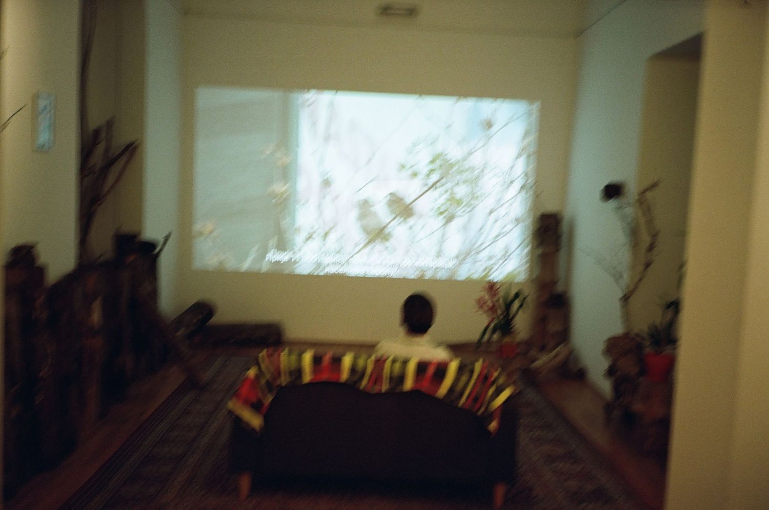 A dimly lit room with a projection screen mounted on the wall showing a faint white display.