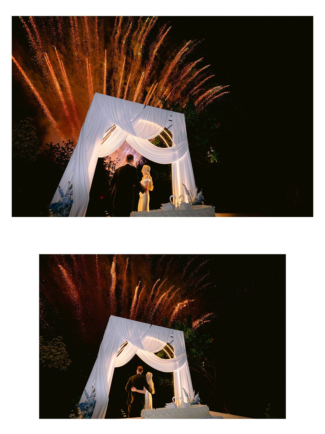 Couple exchanges vows under white draped wedding chuppah with stunning fireworks display lighting the night sky.