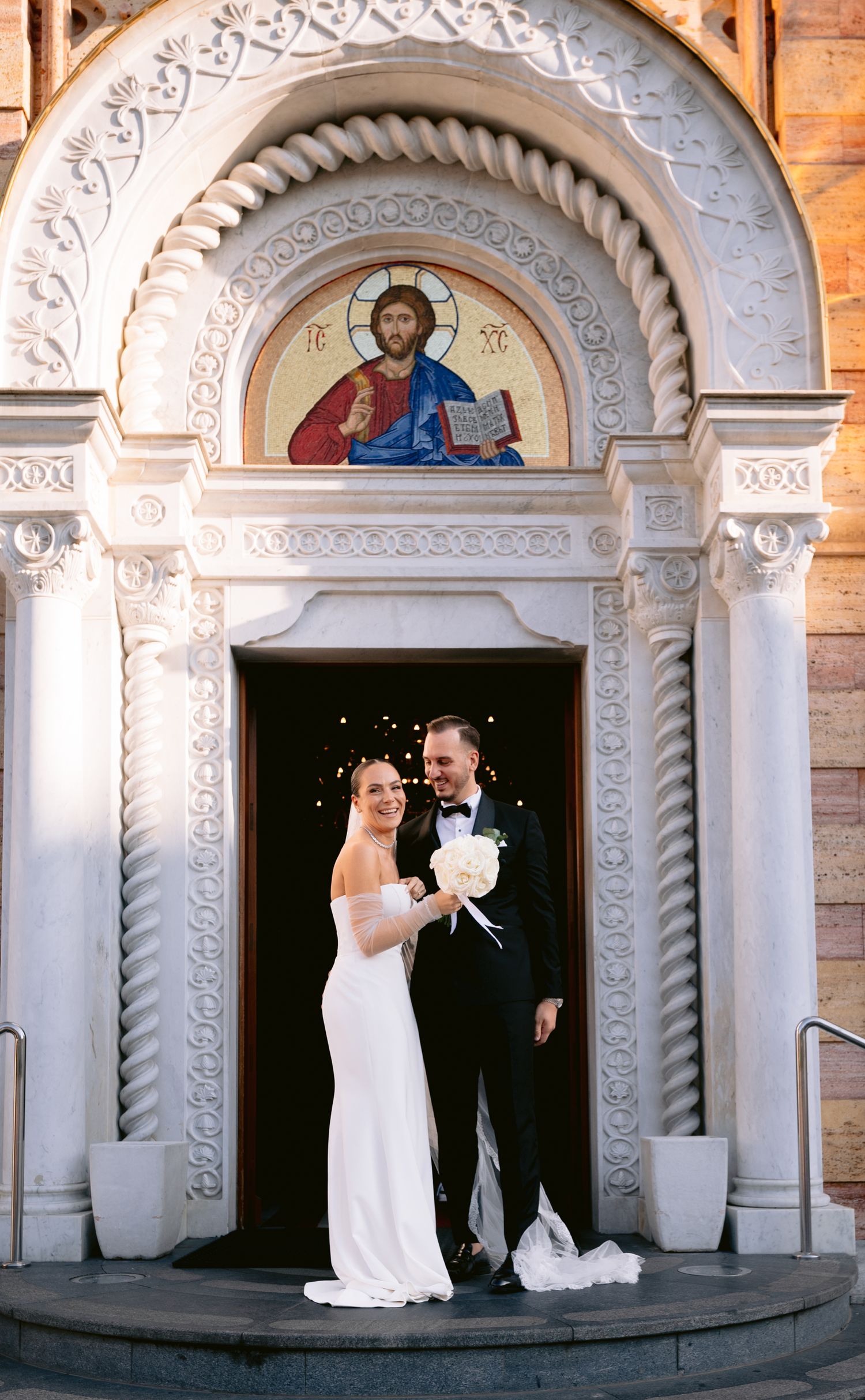 A black and white wedding photo sequence showing joyful moments between a bride and groom during their celebration.