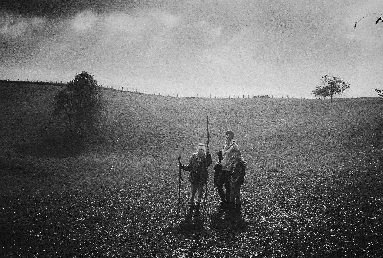 A series of vintage black and white farming photographs showing fields and agricultural workers in a pastoral landscape.