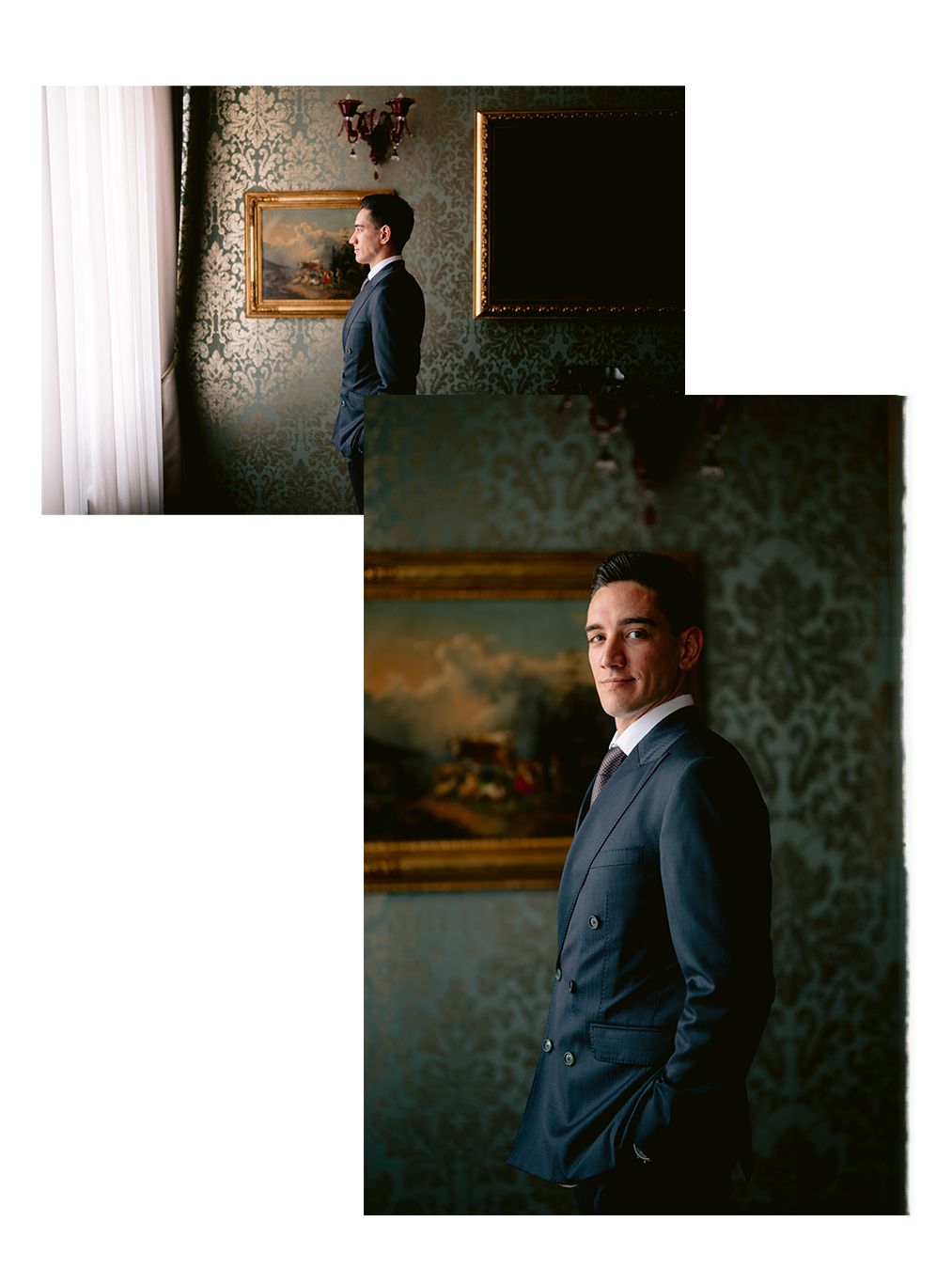 Groom in navy suit poses in ornate room with damask wallpaper and oil paintings in two elegant portrait shots.