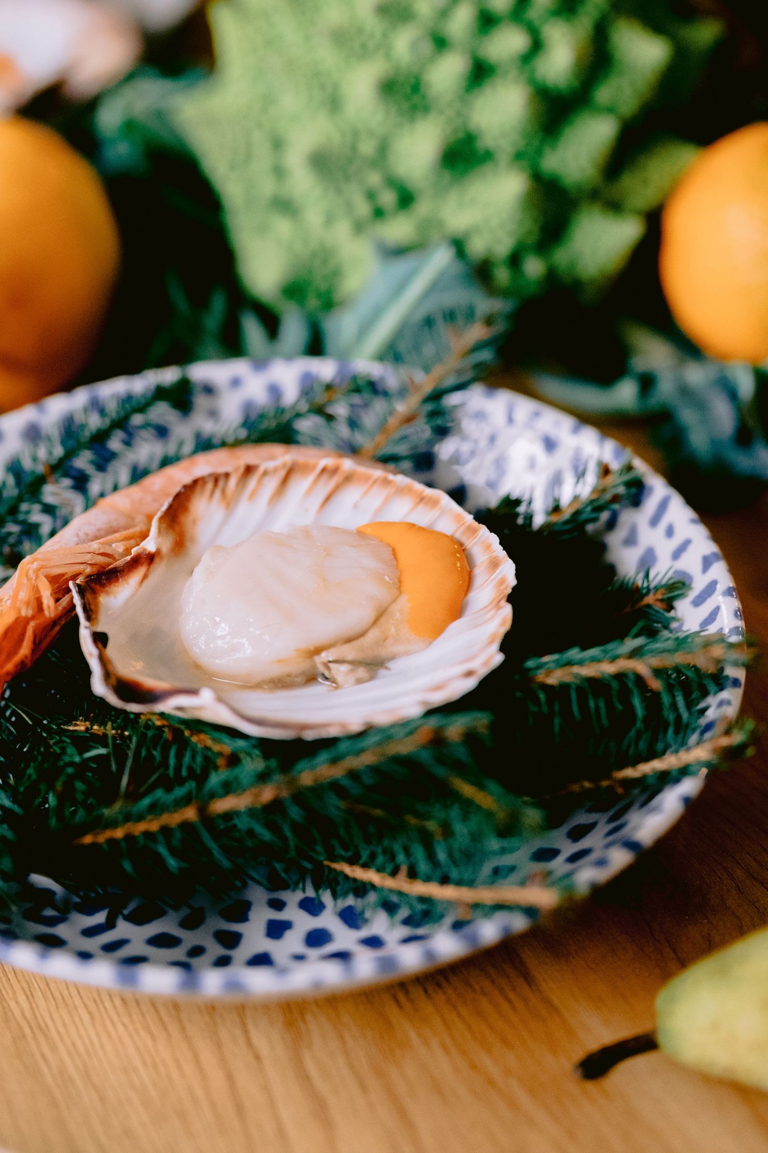 Empty oyster shells arranged on blue and white patterned plates with citrus fruits.