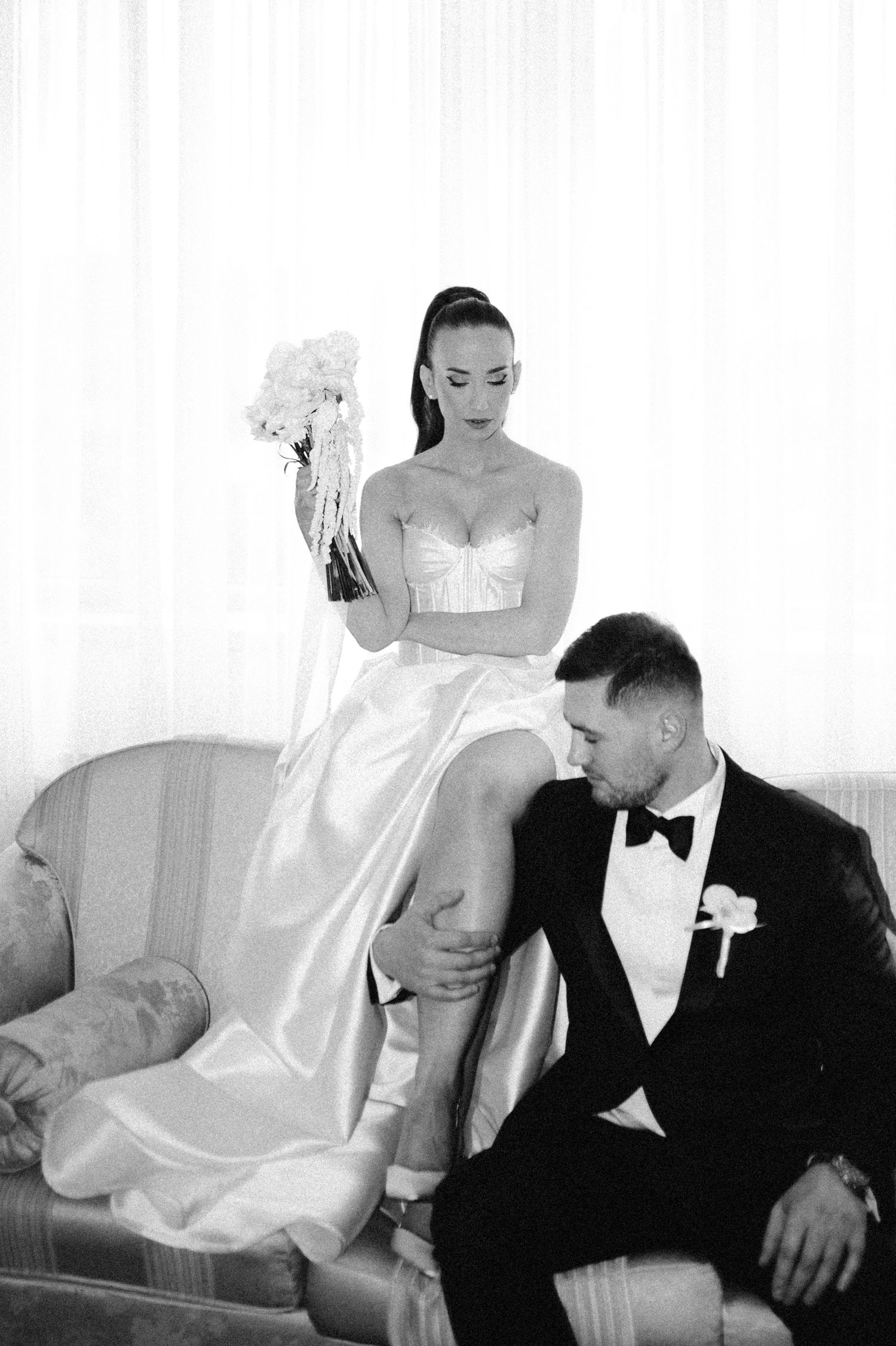 Romantic wedding photography sequence with couple in formal attire against white background.