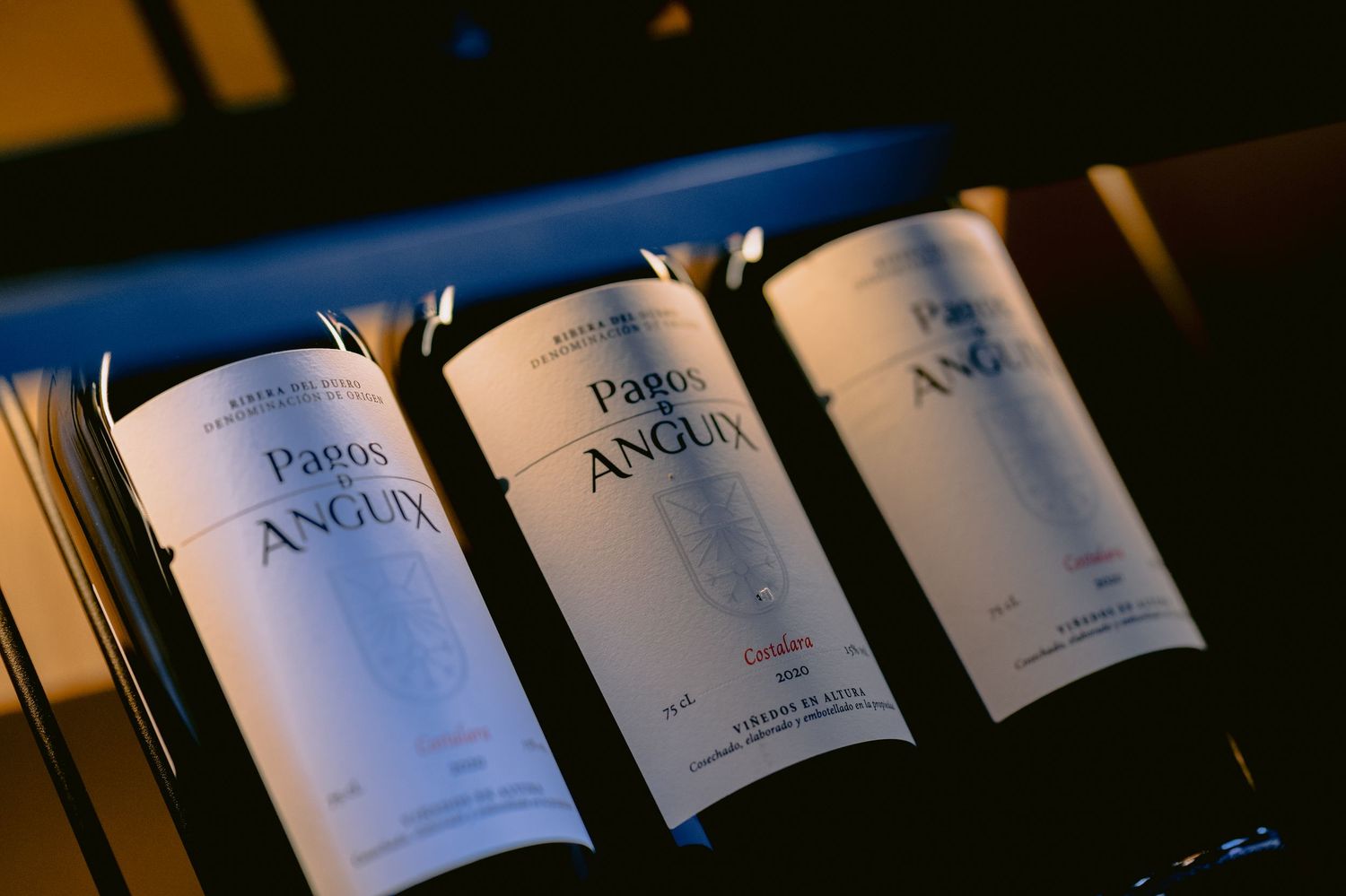 Wine bottles with Prieure Ancient labels in dark lighting.