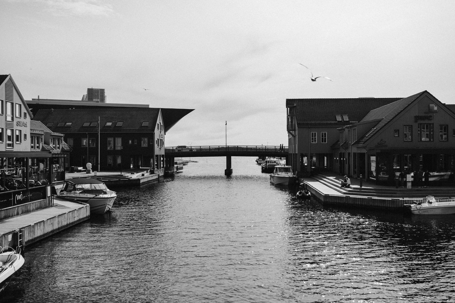 Black and white view of a waterfront canal with boats docked along buildings and a bridge in the distance.