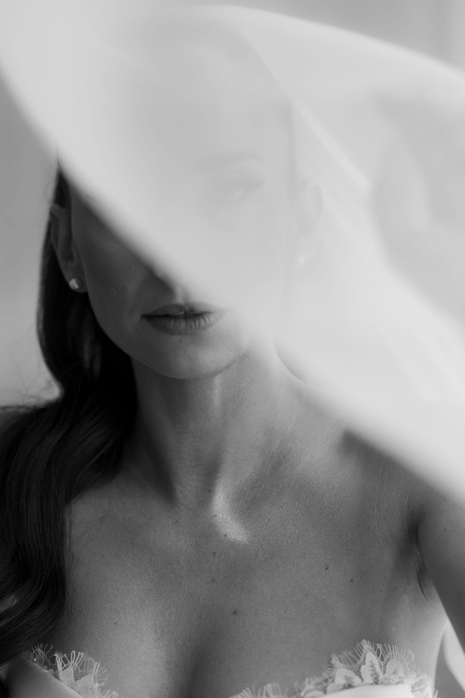 Artistic black and white portrait of a person wearing a veil that partially obscures their features.