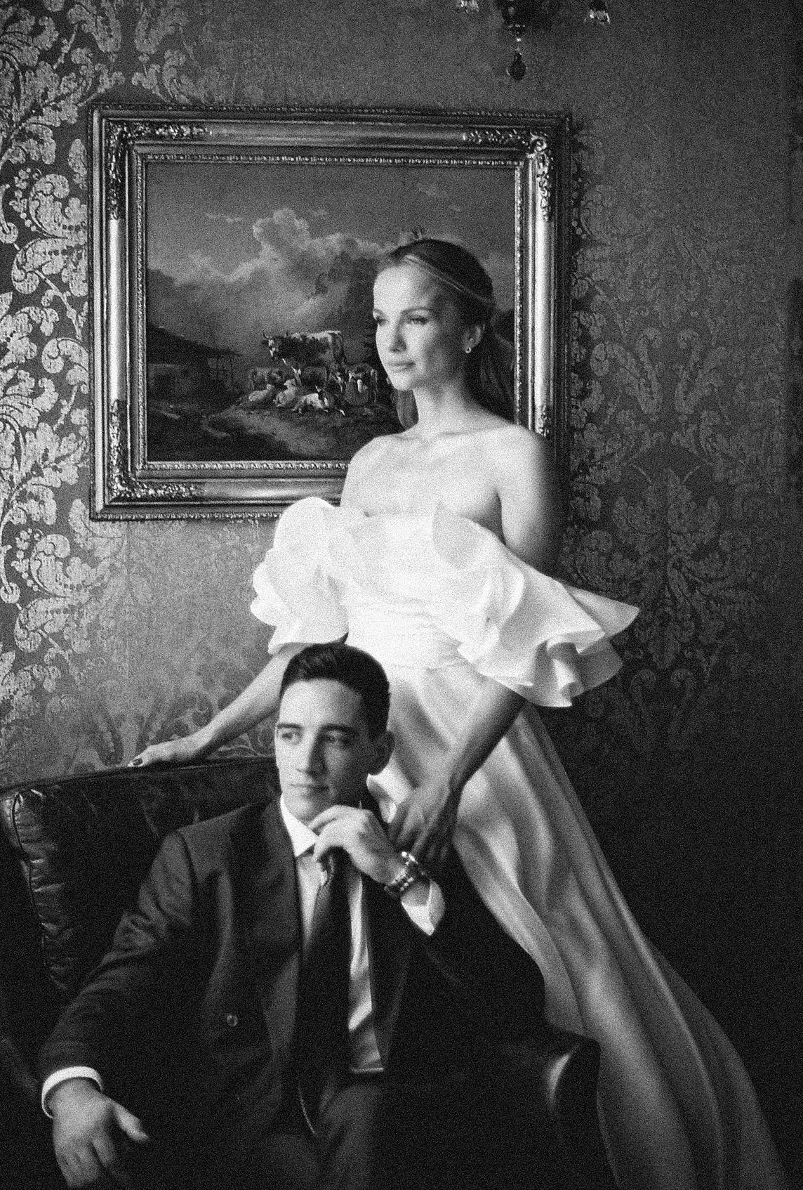 A sequence of wedding photos showing a couple in formal attire dancing in an elegant room with patterned wallpaper.