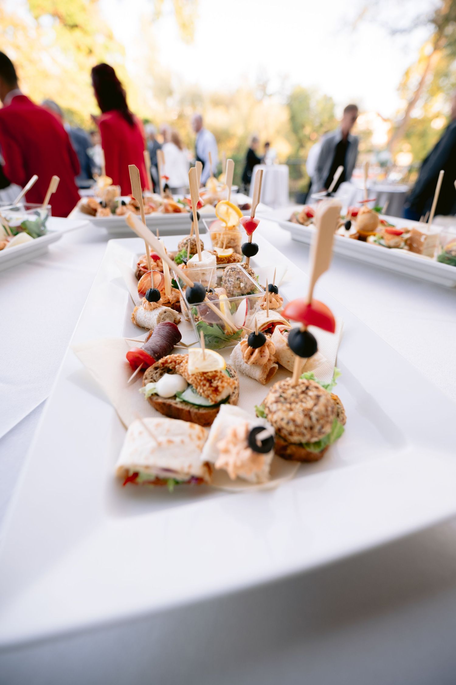 Elegant catering display of gourmet appetizers and hors d'oeuvres arranged on white plates at an upscale event.