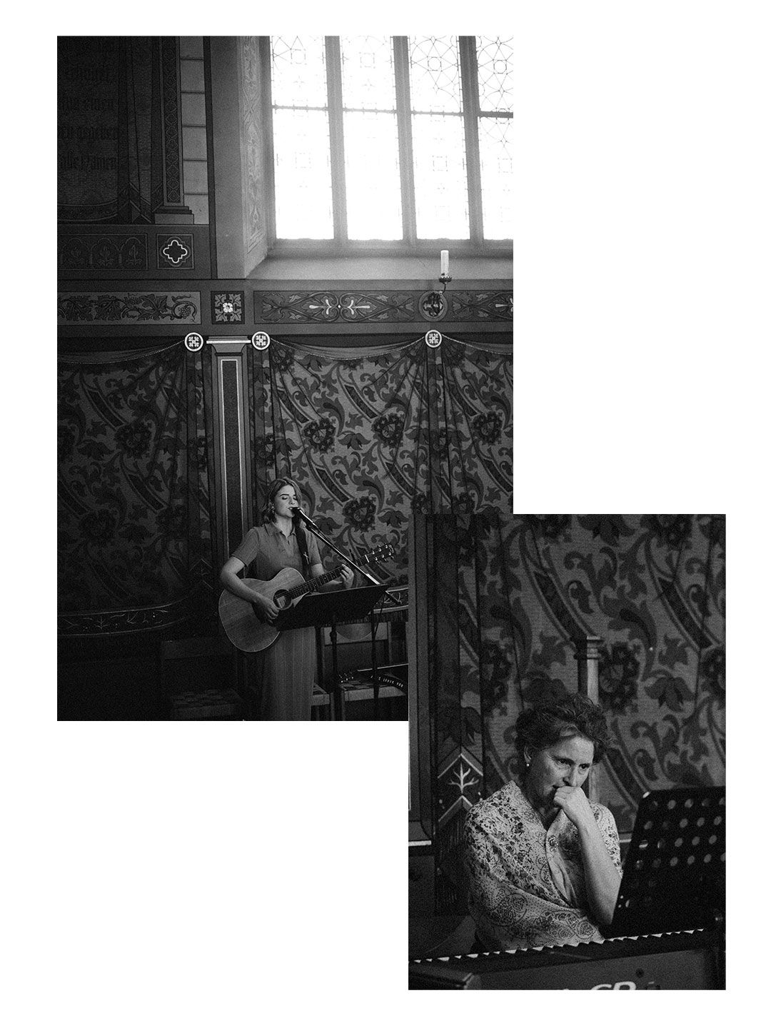 Crno-bijeli kolaž fotografija muzičara koji svira gitaru i pijaniste koji nastupa u raskošnom prostoru crkve u Schaffhausen.
