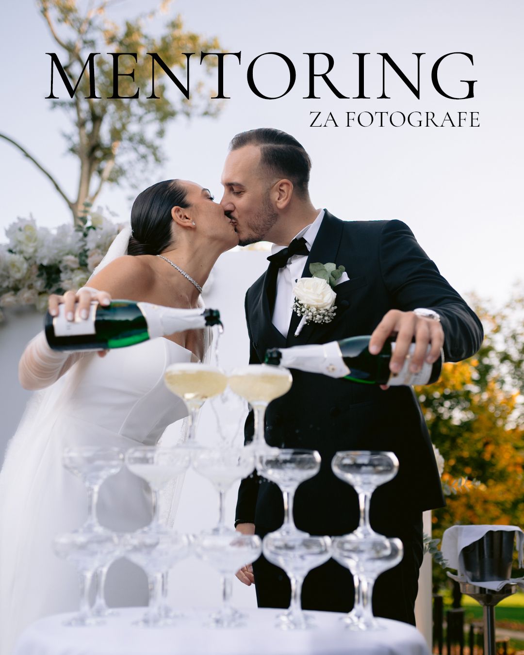 Wedding photography mentoring advertisement showing couple pouring champagne into glass tower.