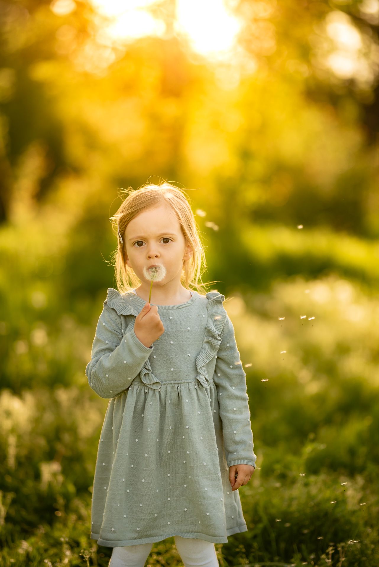 Young girl in teal dress blowing dandelion seeds in sunlit green meadow during golden hour.