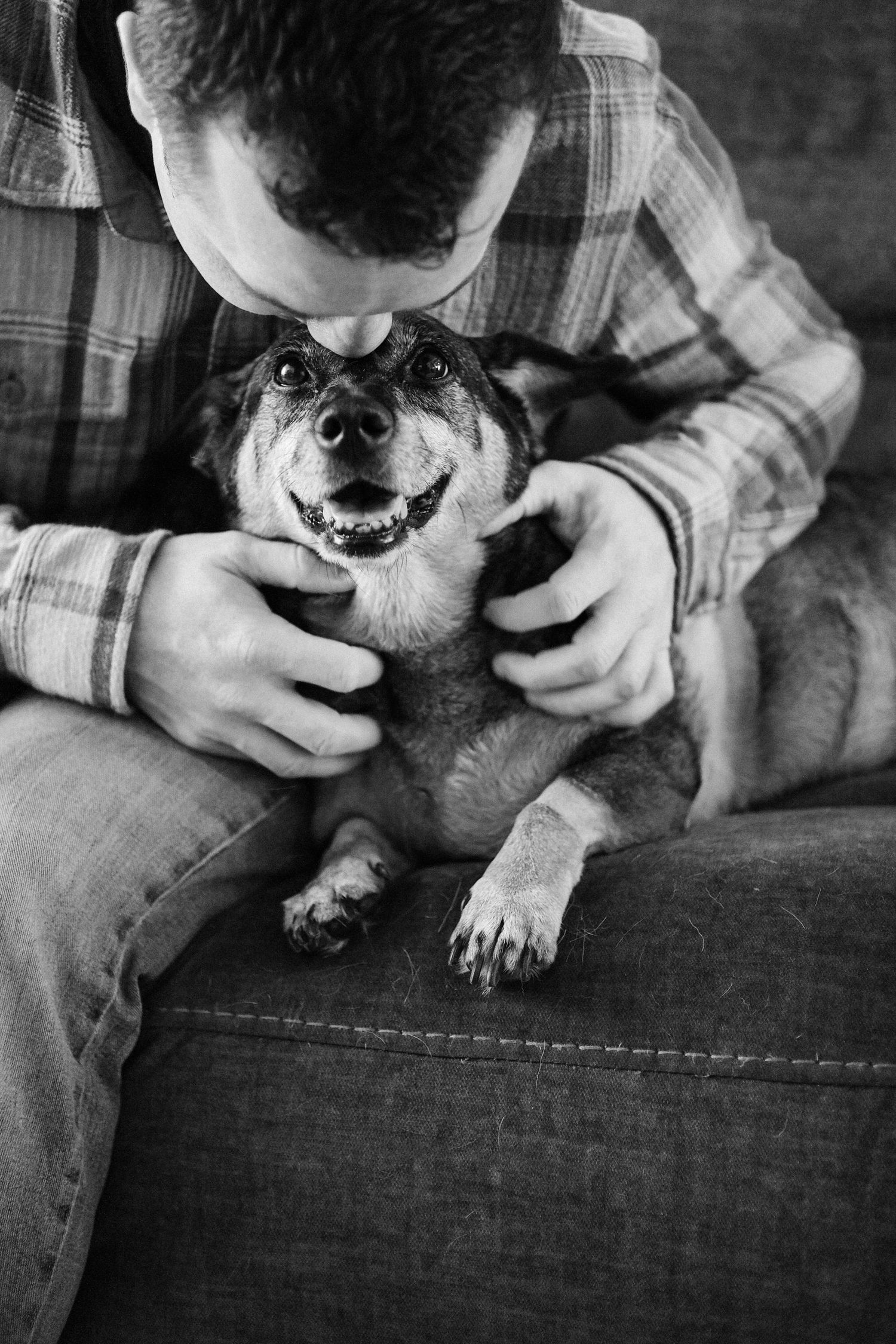 Black and white photo of someone petting a happy smiling dog with a goofy expression on a couch.