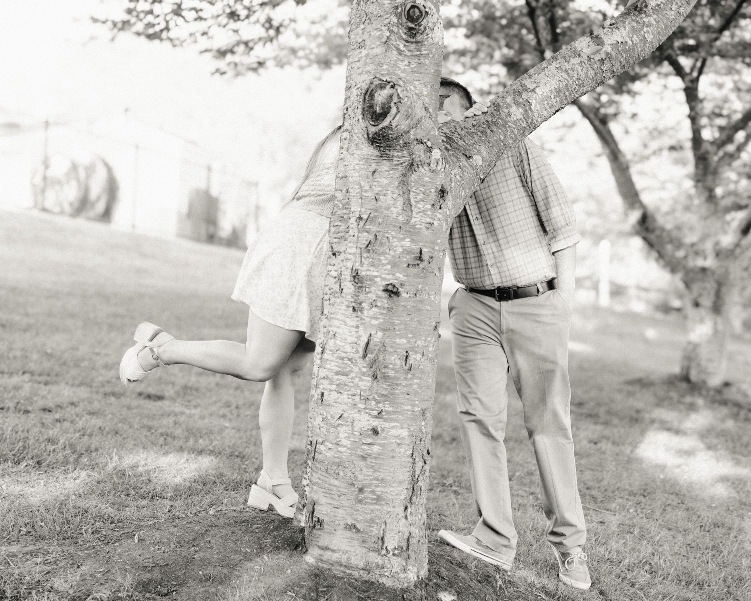 Black and white photo of a couple kissing behind a tree trunk outdoors on a grassy lawn.