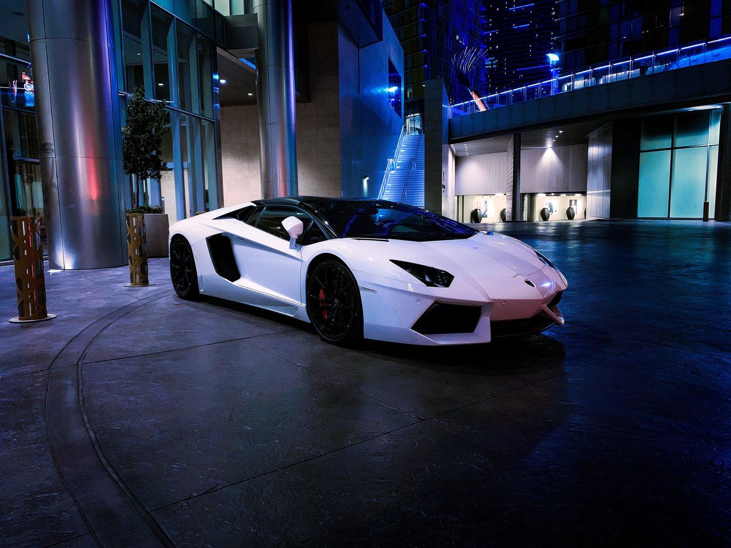 White Lamborghini Aventador roadster parked at night outside an illuminated modern building with blue lighting.