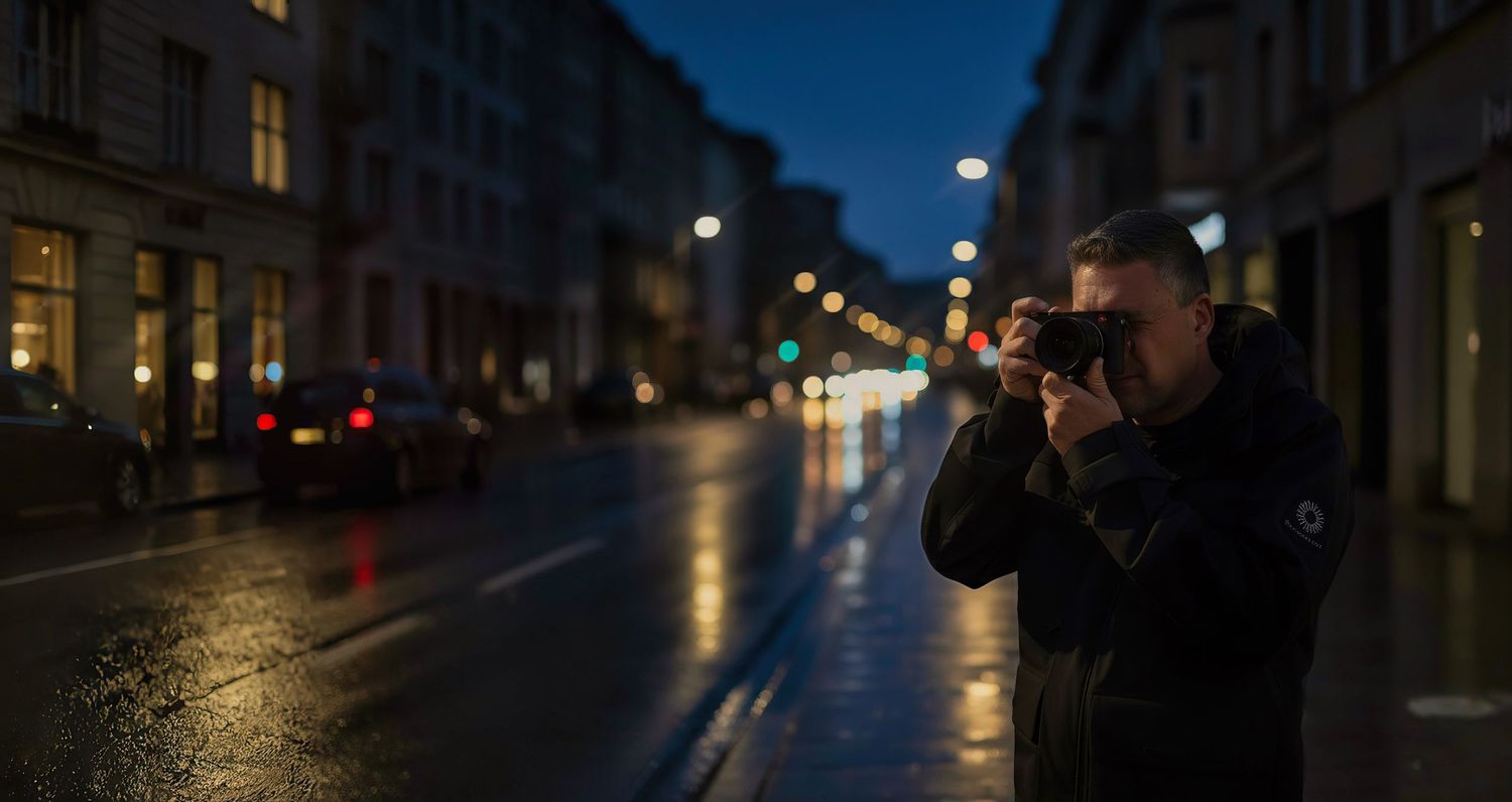 Rainy evening cityscape with illuminated buildings and reflective wet streets.