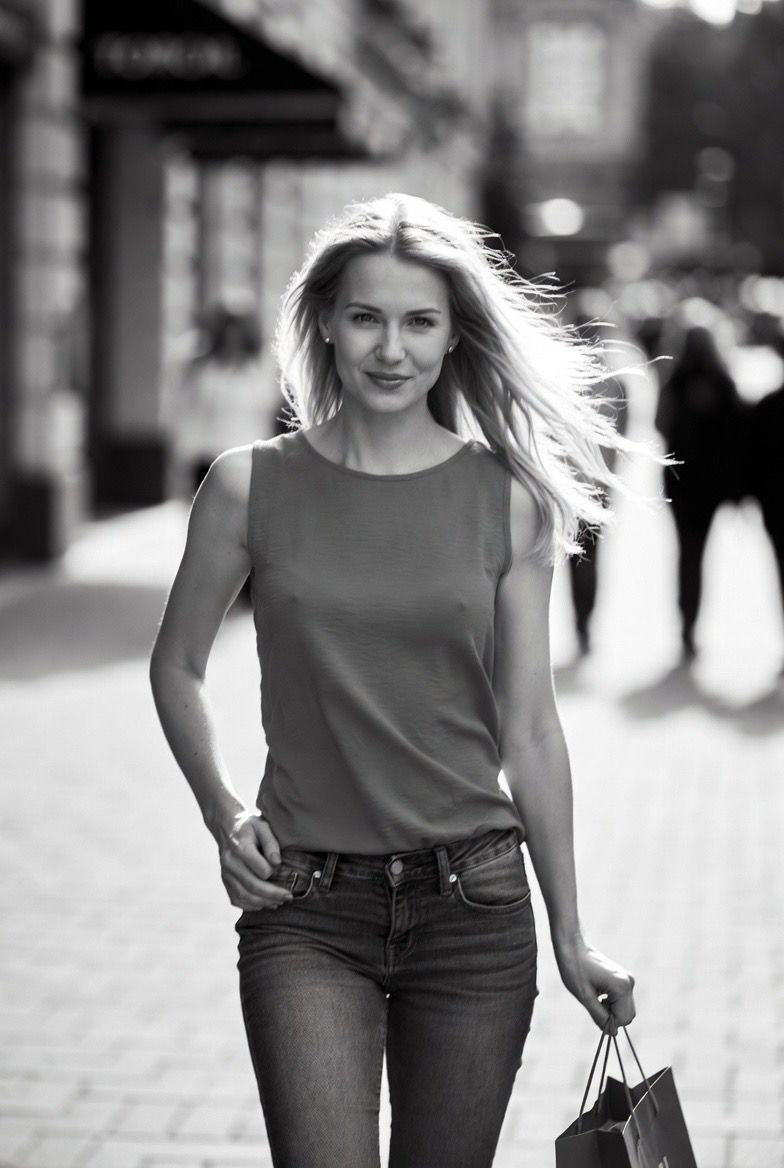 Woman walking confidently down city street in casual attire.