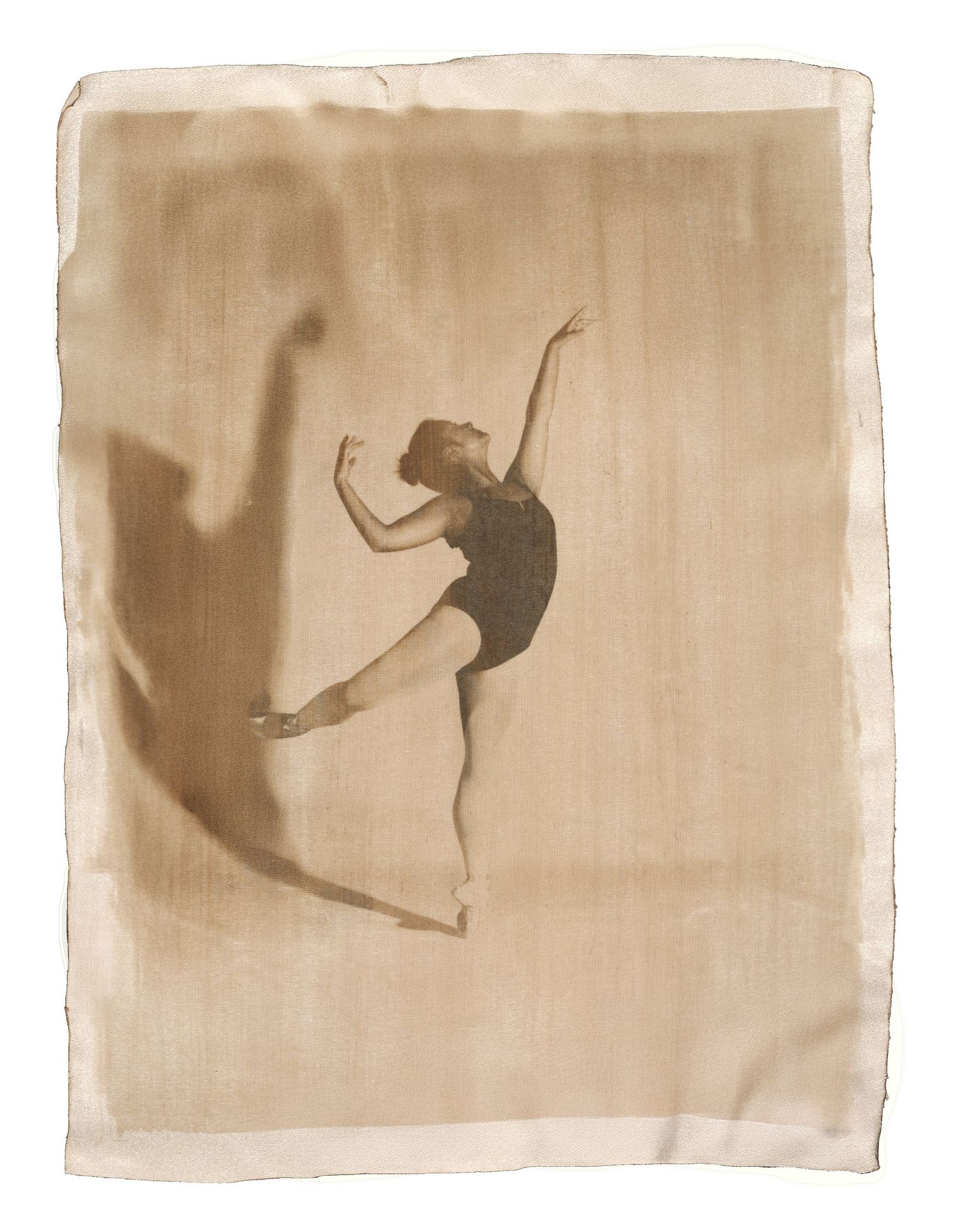 Van Dyke Brown print on satin. Capturing the fluid motion of dance through archival textures. Fine art and luxury textile photography.