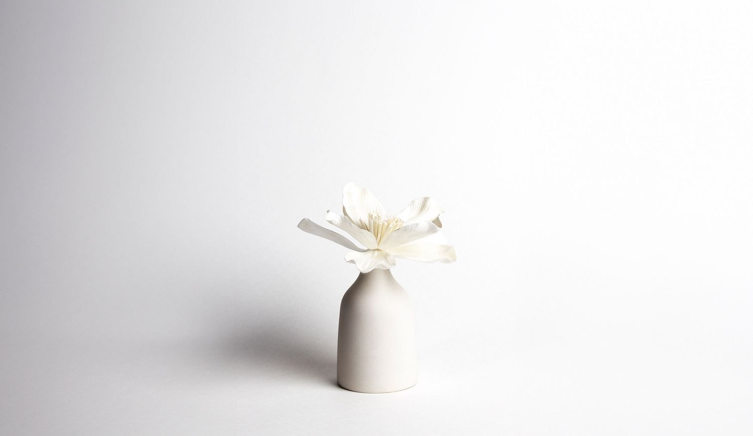 High-end minimalist product photography. Elegant white flower in a ceramic vase. Perfect for wellness branding and modern home decor.