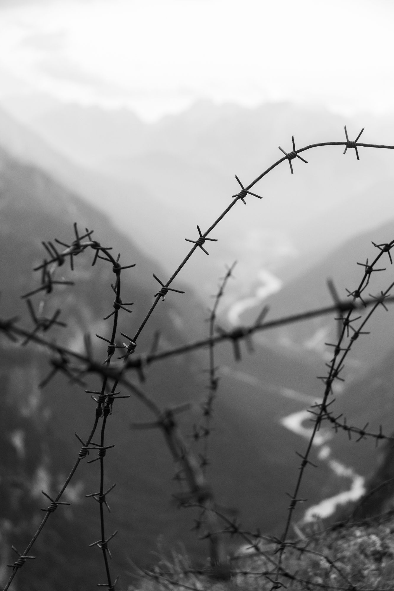 Atmospheric black-and-white mountain scene with barbed wire silhouettes framing a misty valley and serpentine alpine road.
