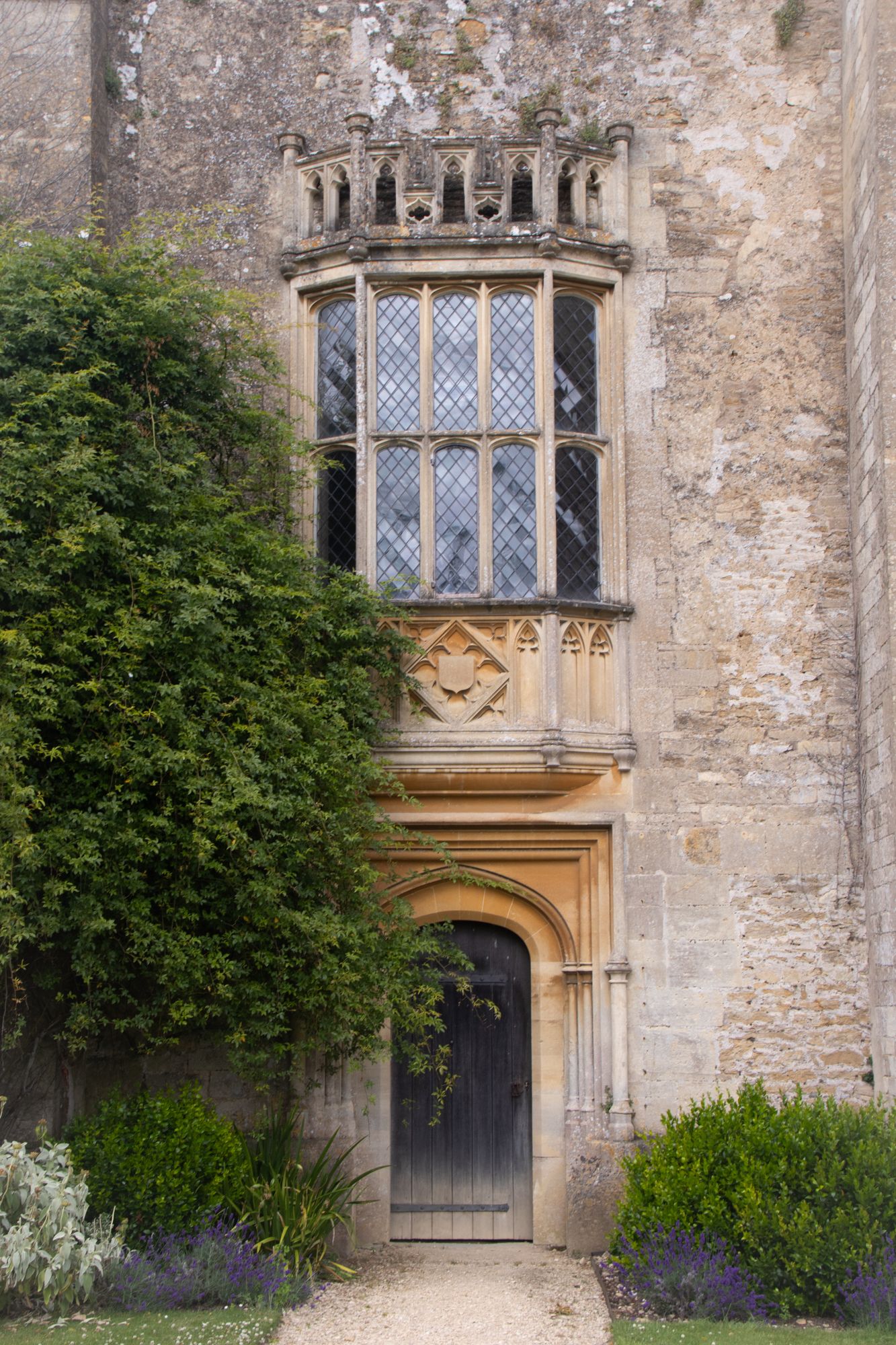 A study of a Gothic oriel window and arched entryway. Focus on the leaded glass patterns and the ornate stone crest.