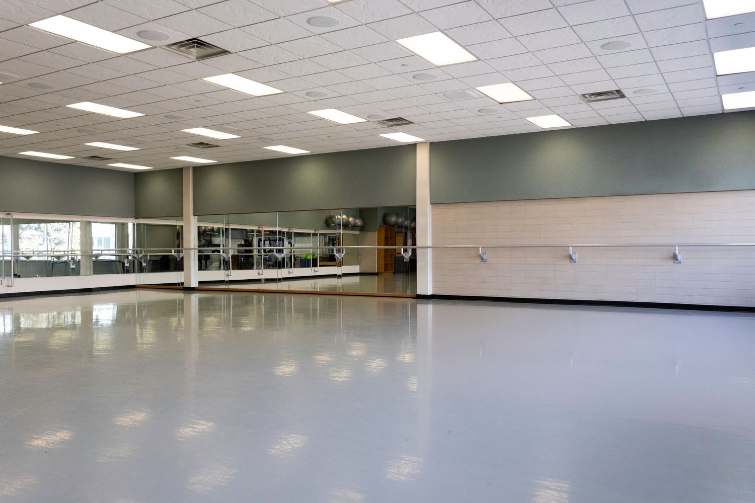 Spacious interior of a professional ballet studio featuring wall-mounted barres and reflective flooring. High-quality facility imagery.