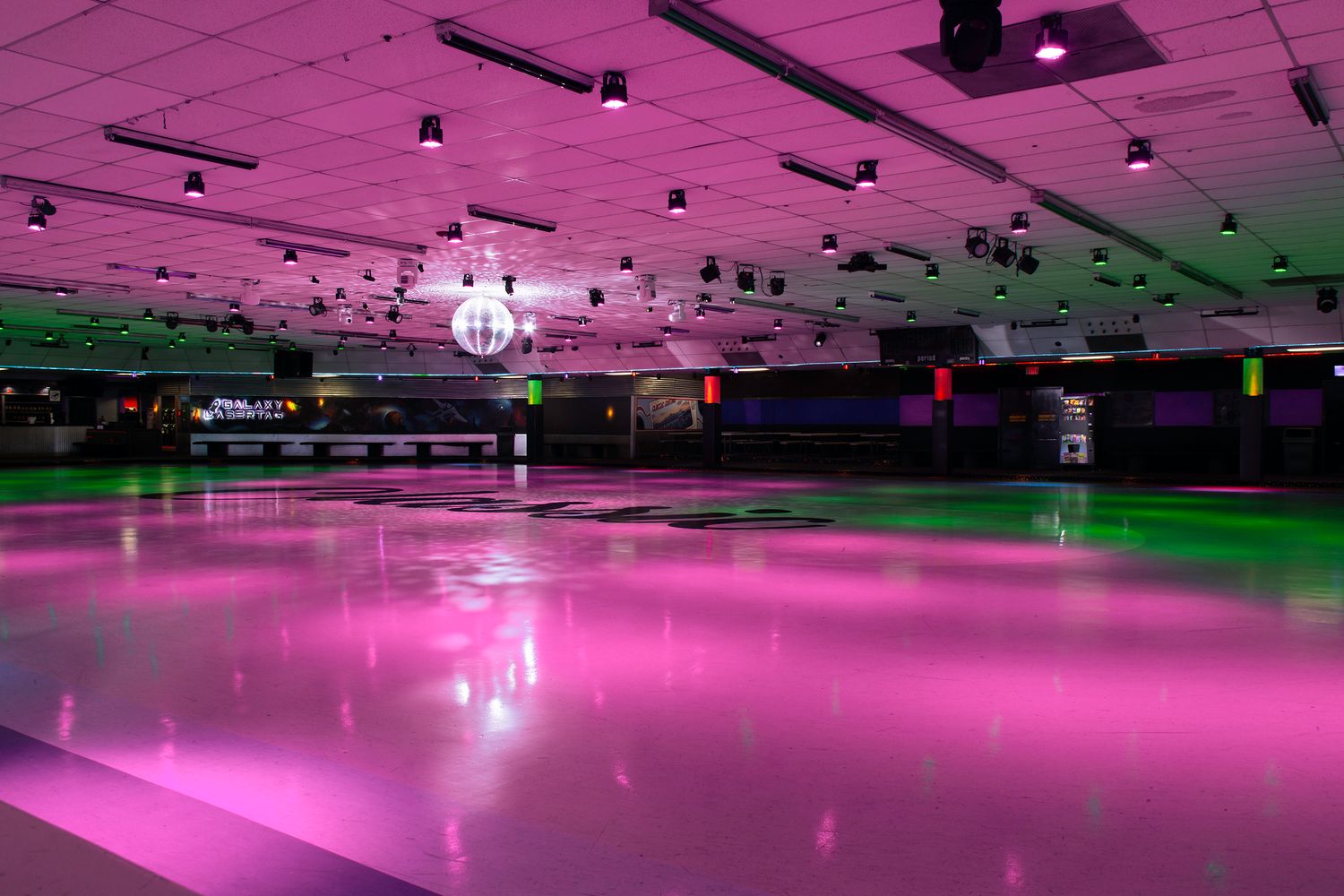 Vibrant retro venue interior. Capturing the nostalgia and energy of a skating rink for event marketing. Premium lifestyle