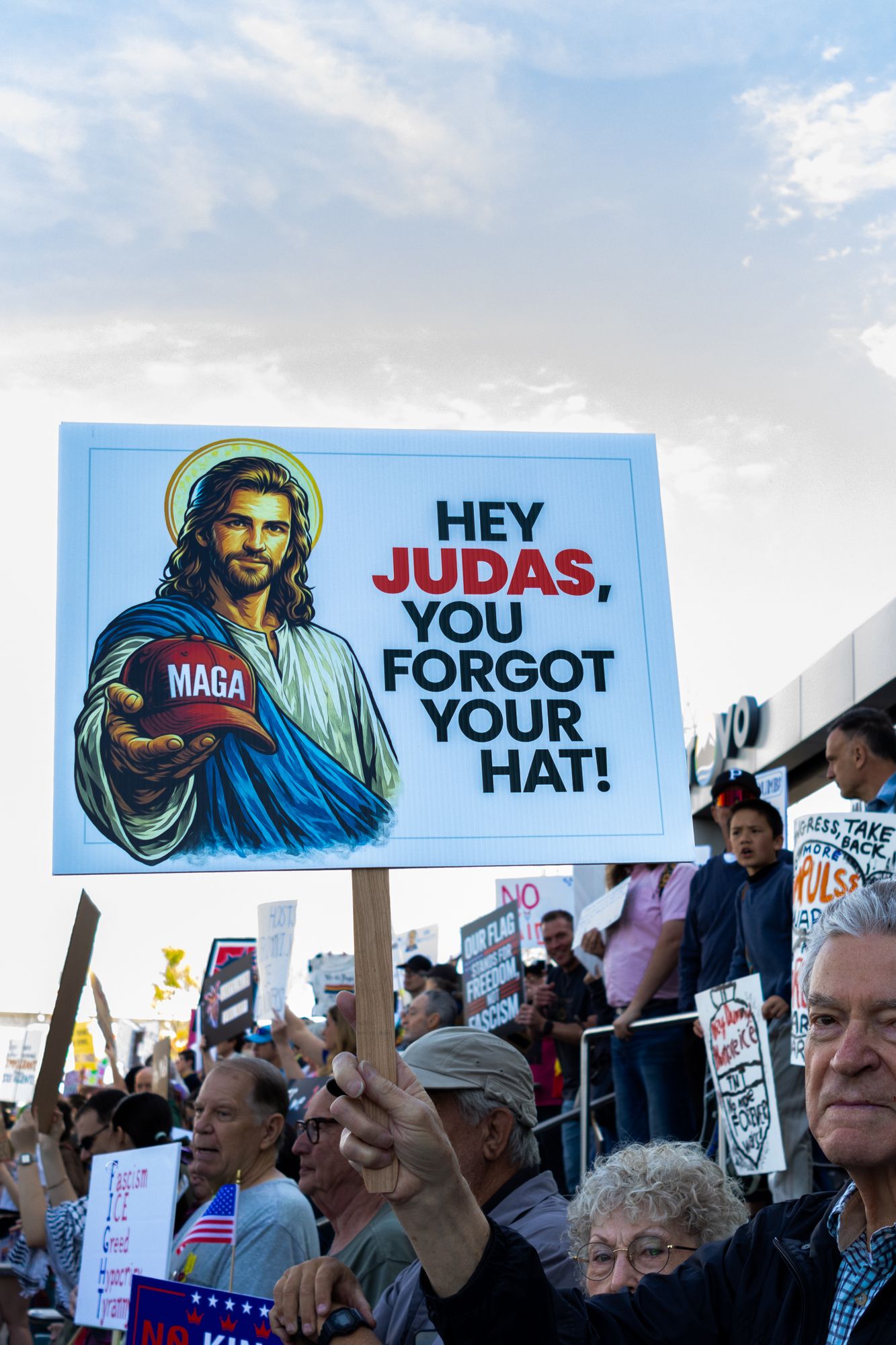 A vertical documentary shot focusing on a bold, satirical sign held within a crowded public demonstration, capturing the moment.