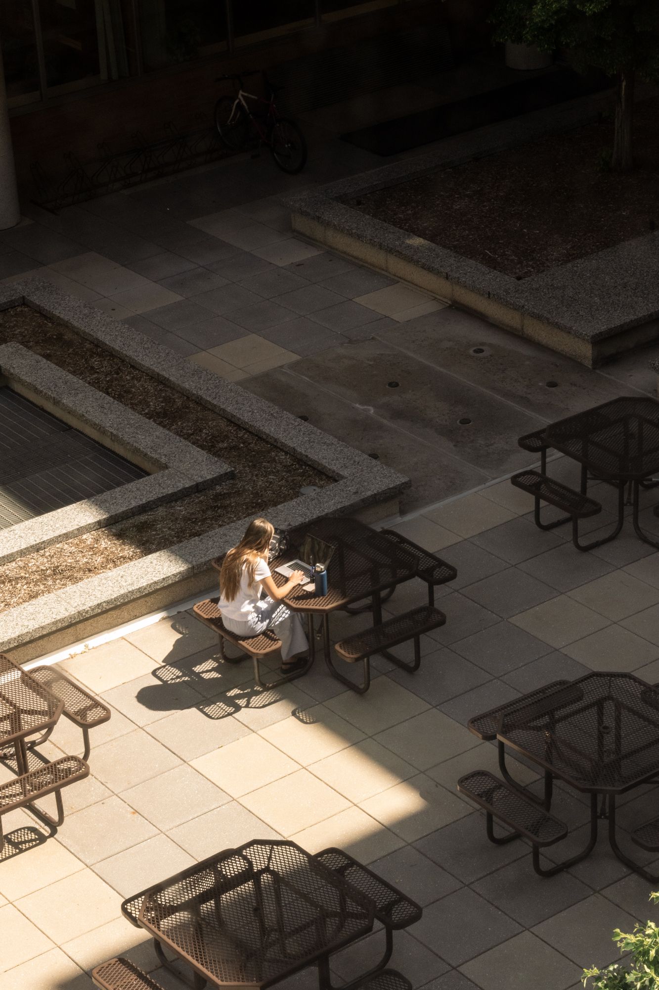 An aerial view of a student working in a sun-drenched courtyard, perfect for education-sector branding and architectural lifestyle.
