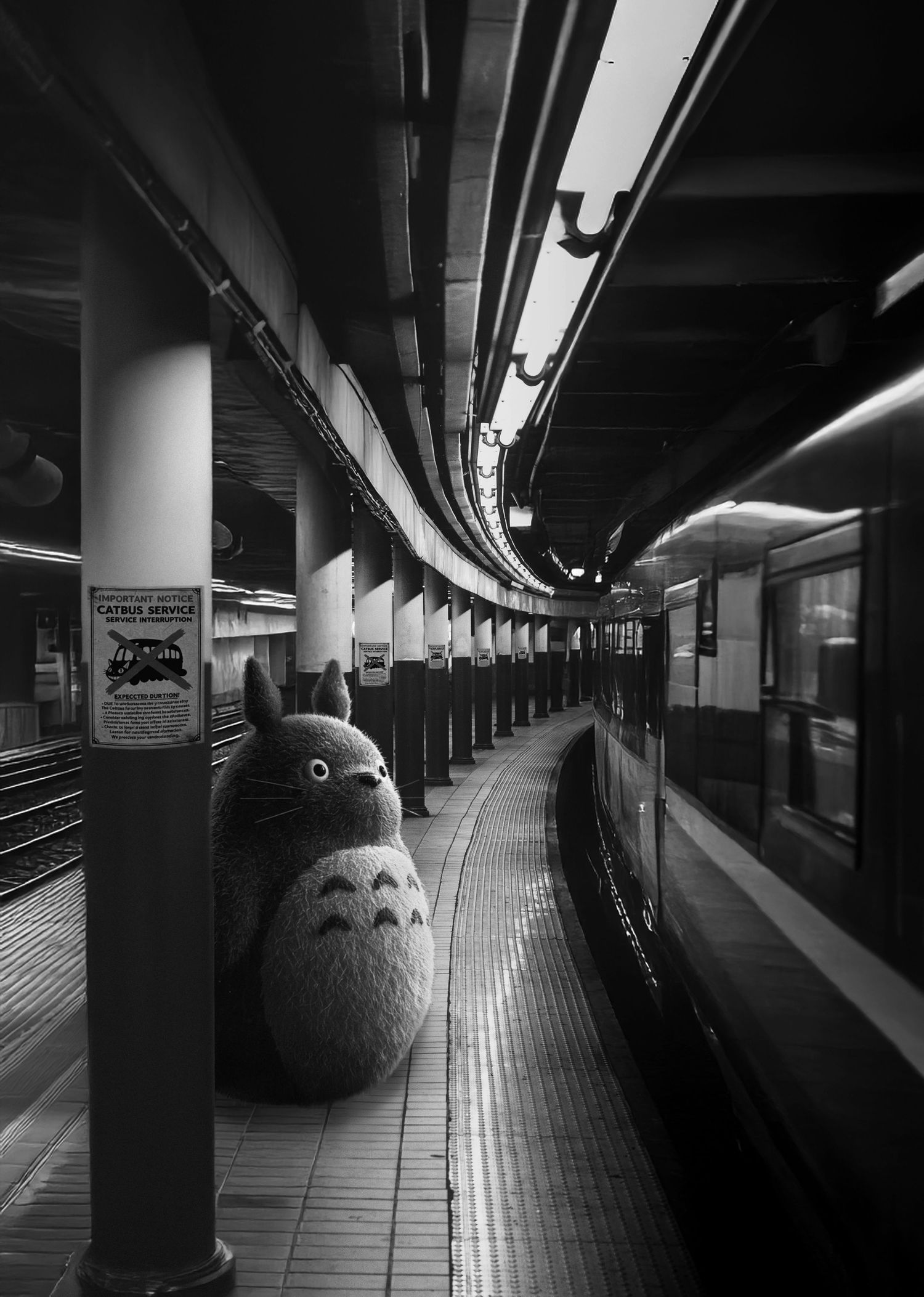 Totoro waits patiently on a deserted NYC subway platform, a charming black-and-white Photoshop edit blending fantasy with urban reality.