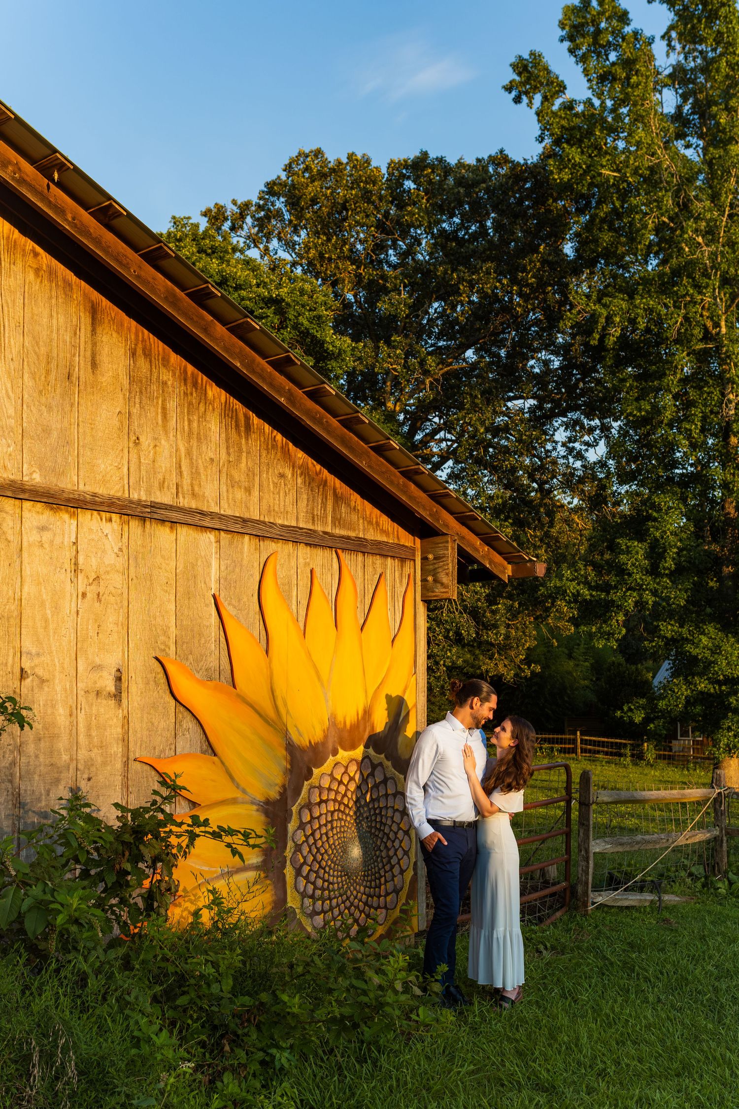 A couple stands close together in front of a rustic barn wall with a large decorative sunflower at golden hour.