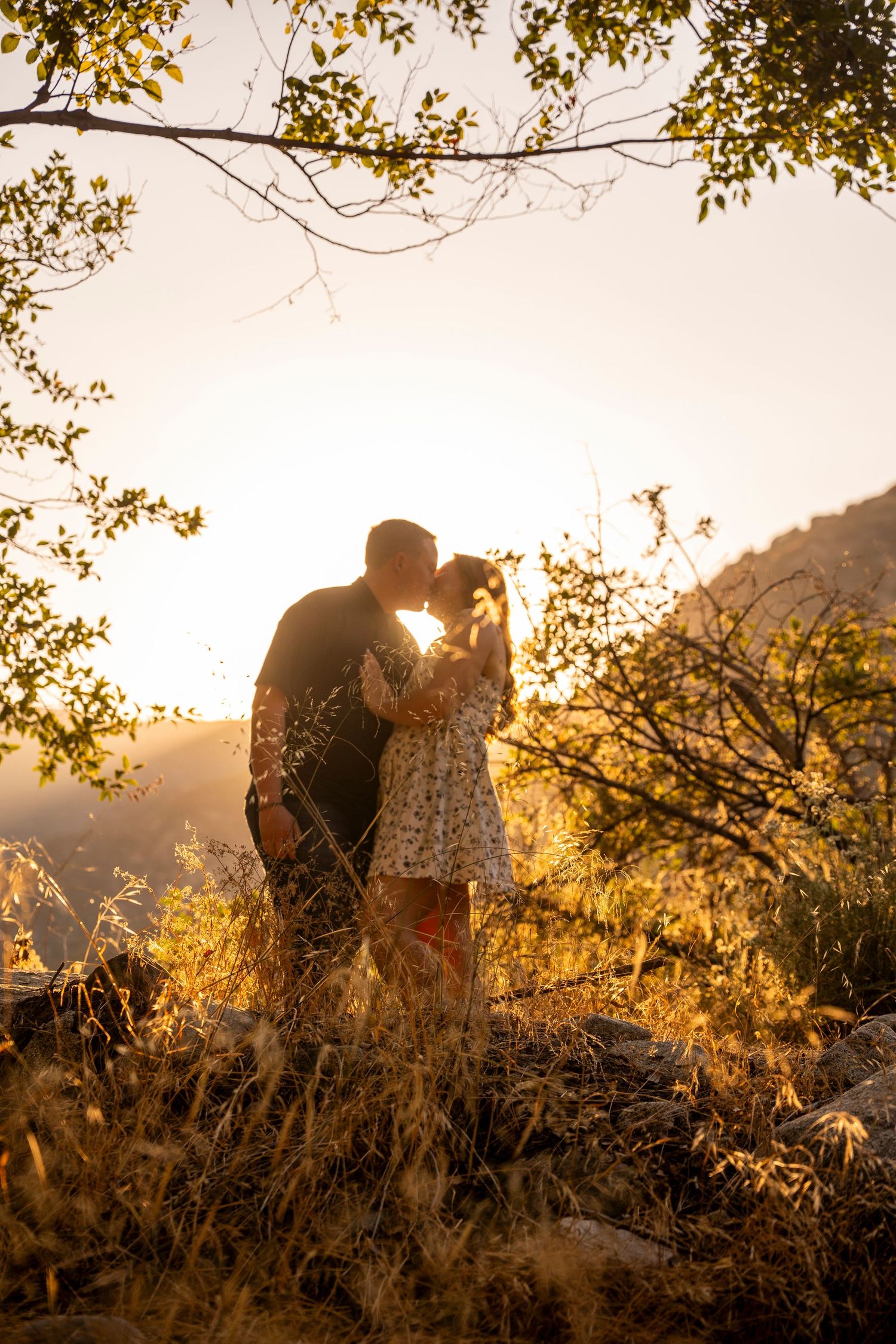 Romantic silhouetted couple embracing in tall grass at golden sunset with mountains in the background.
