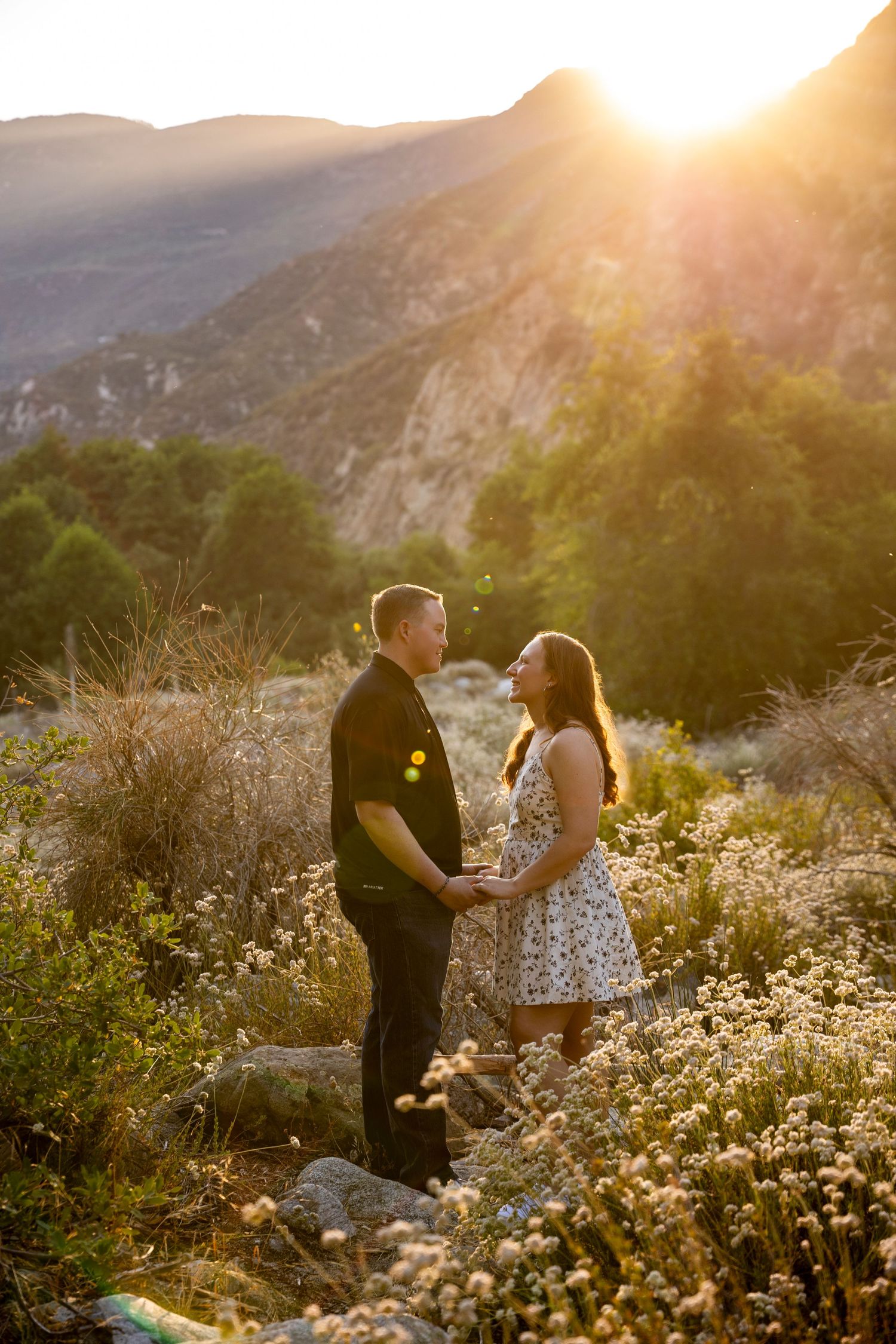 Couple shares intimate moment surrounded by wildflowers on mountainside at golden hour during sunset.