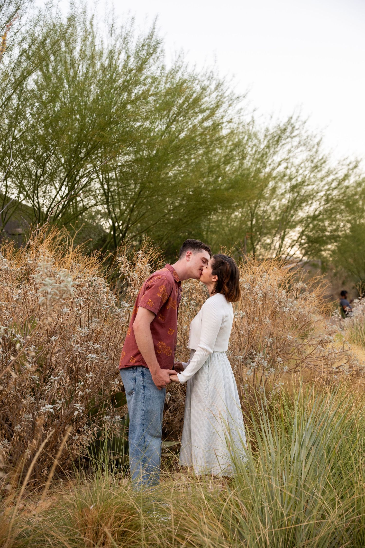 A romantic couple shares a moment together in a desert landscape with tall grasses and palo verde trees at sunset.