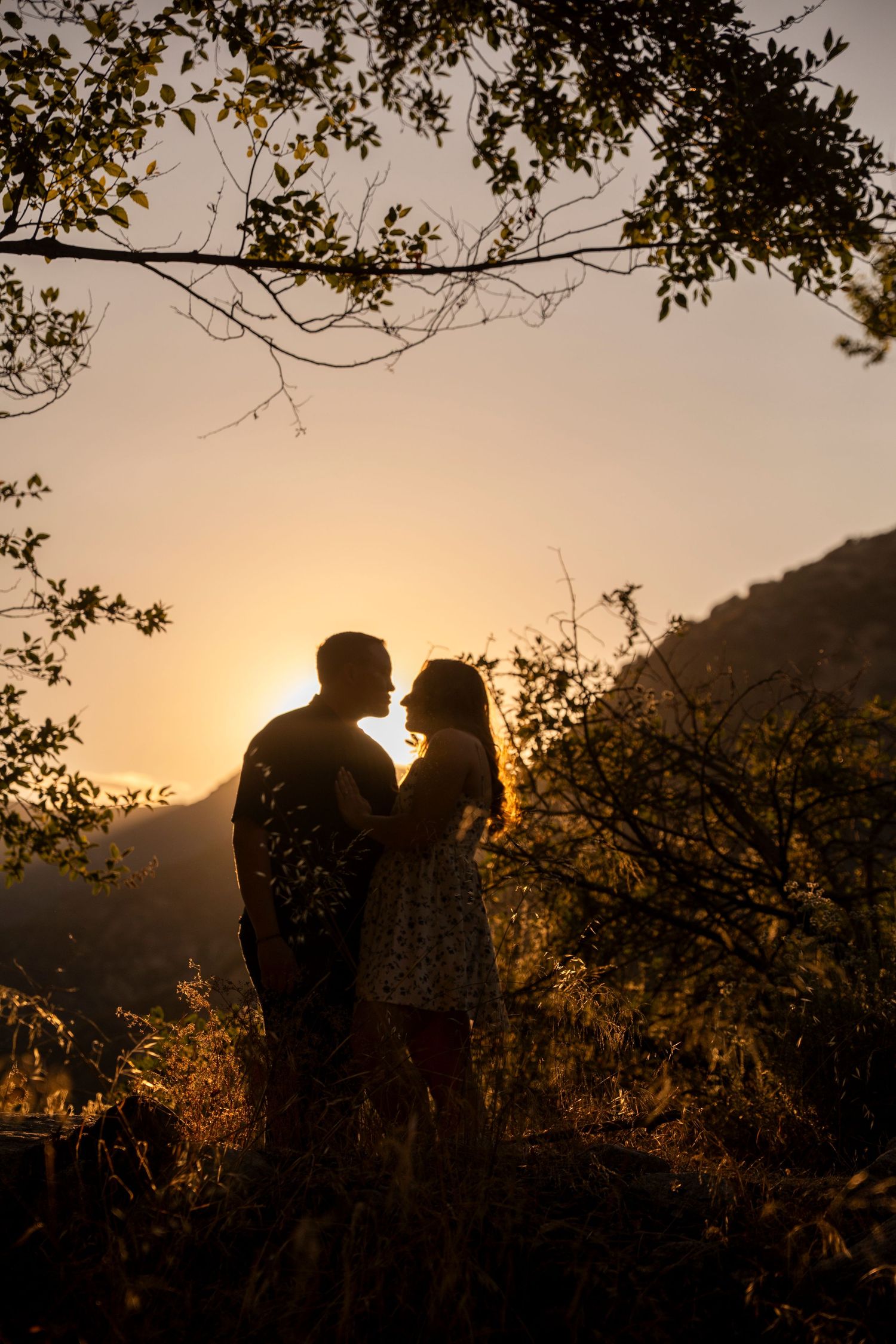A silhouetted couple stands together against a glowing sunset sky framed by tree branches in a romantic mountain setting.
