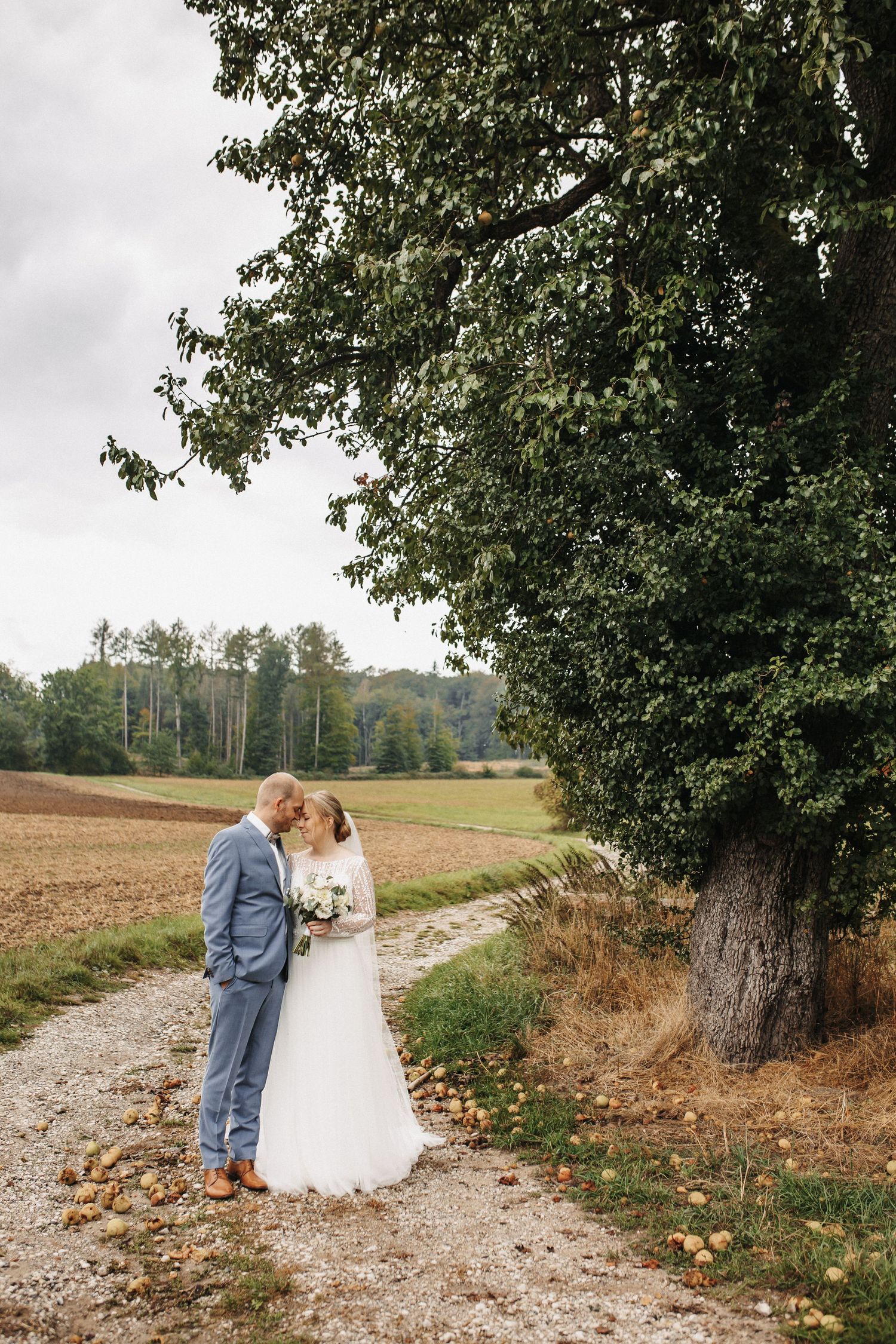 Das erste Treffen bei der Hochzeit. Braut und Bräutigam stehen unter einem Apfelbaum