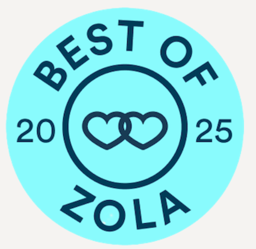 Best of Zola 2025 badge, a teal circular seal with interlinked hearts logo and dark navy text.