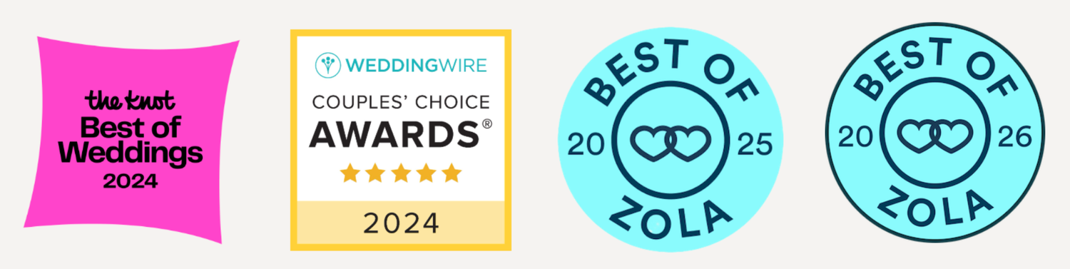 Four wedding industry awards including The Knot Best of Weddings 2024, WeddingWire Couples Choice 2024, and Best of Zola 2025 and 2026.