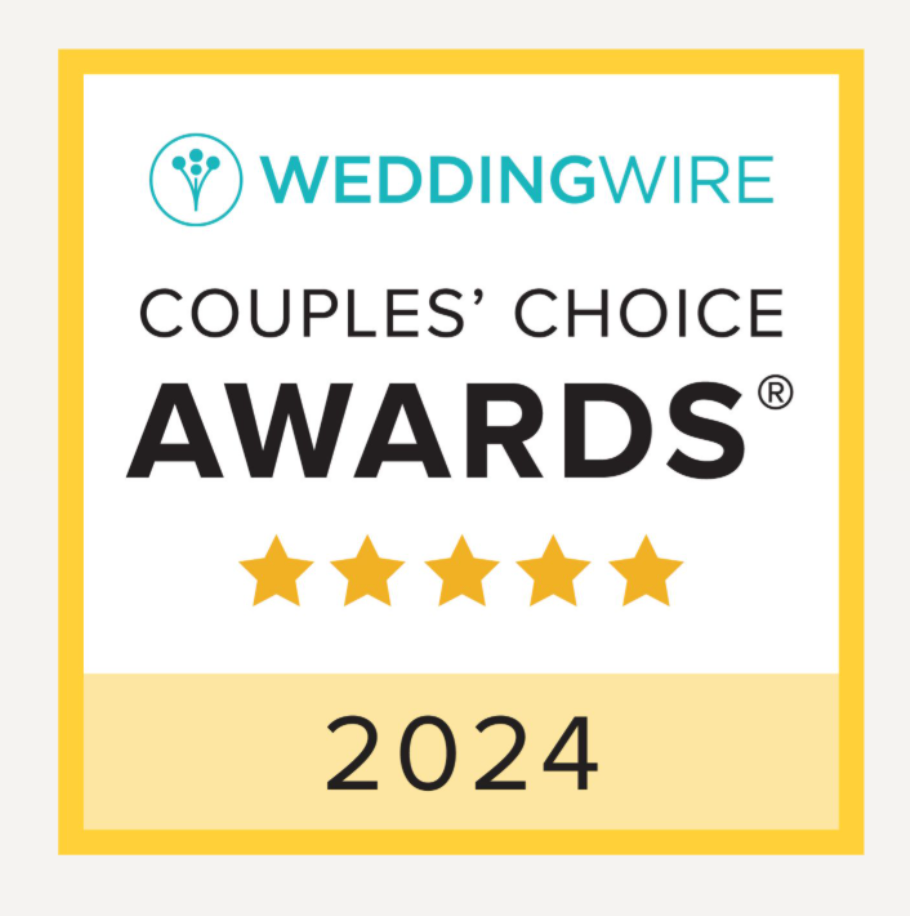 WeddingWire Couples Choice Awards 2024 badge with five gold stars for top-rated wedding vendors.