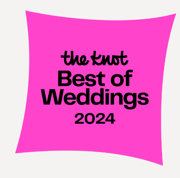 The Knot Best of Weddings 2024 award badge on a bright pink background.