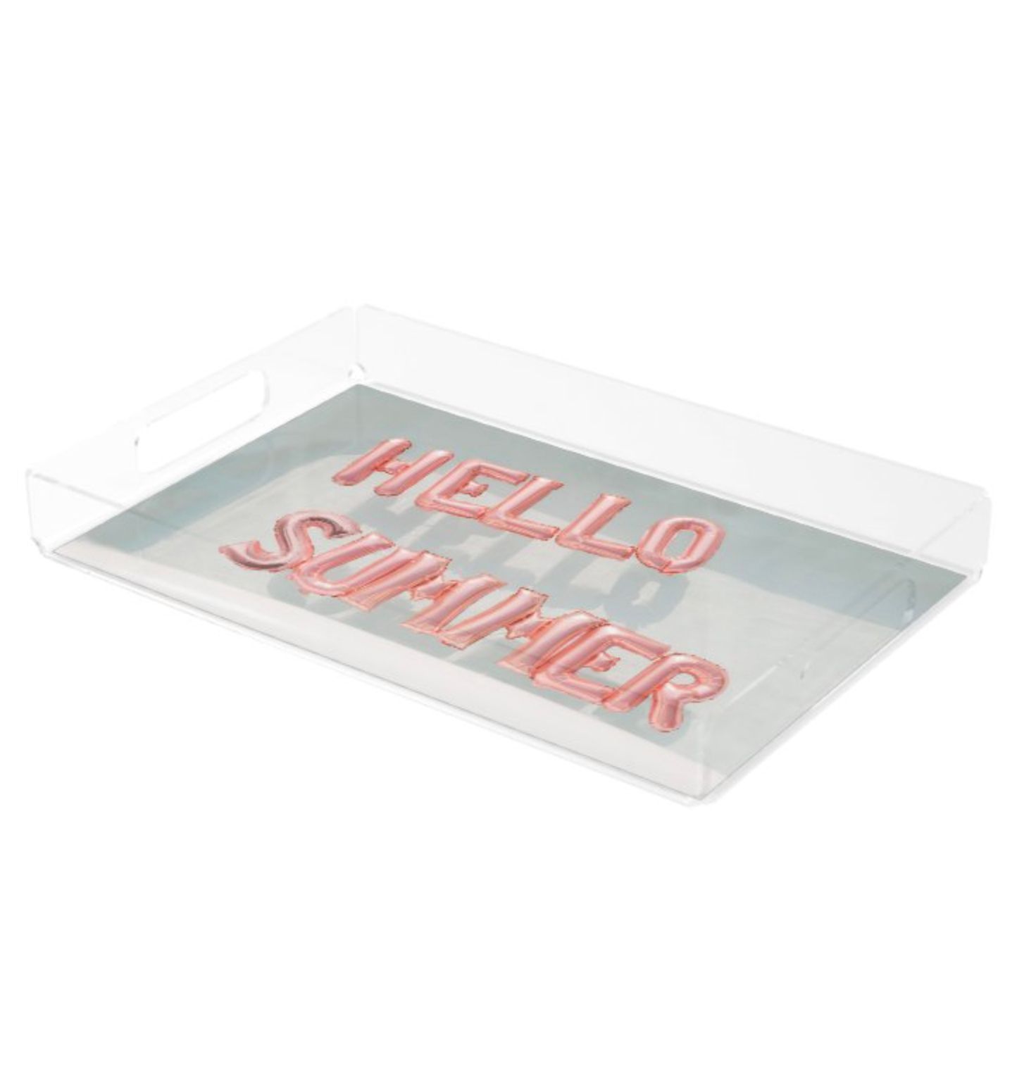 A white and pink decorative serving tray with 'Hello Summer' text design.