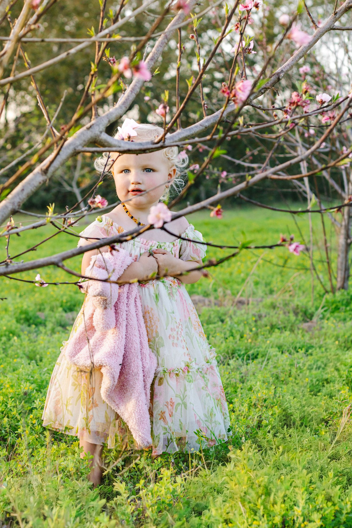 Toddler girl in floral dress with pink blanket peeking through cherry blossom branches.