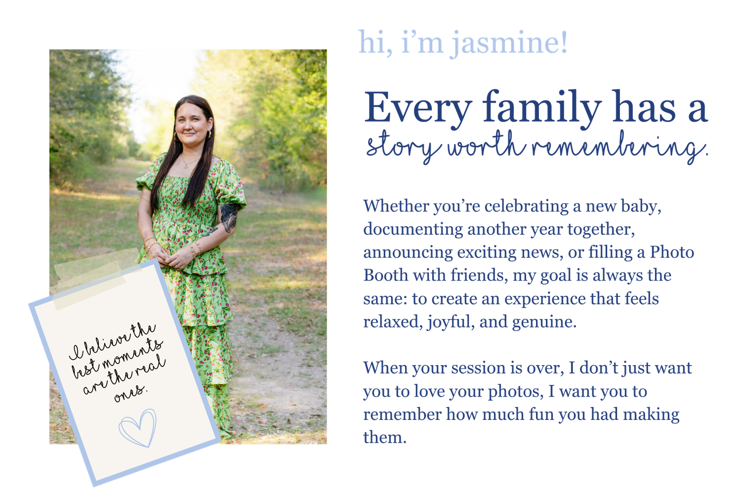 Jasmine, a family photographer, smiles in a green floral dress beside text about creating genuine family photo experiences.