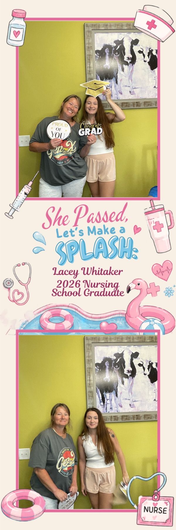 Photo booth strip celebrating Lacey Whitaker, 2026 Nursing School Graduate, featuring two women posing with grad props.